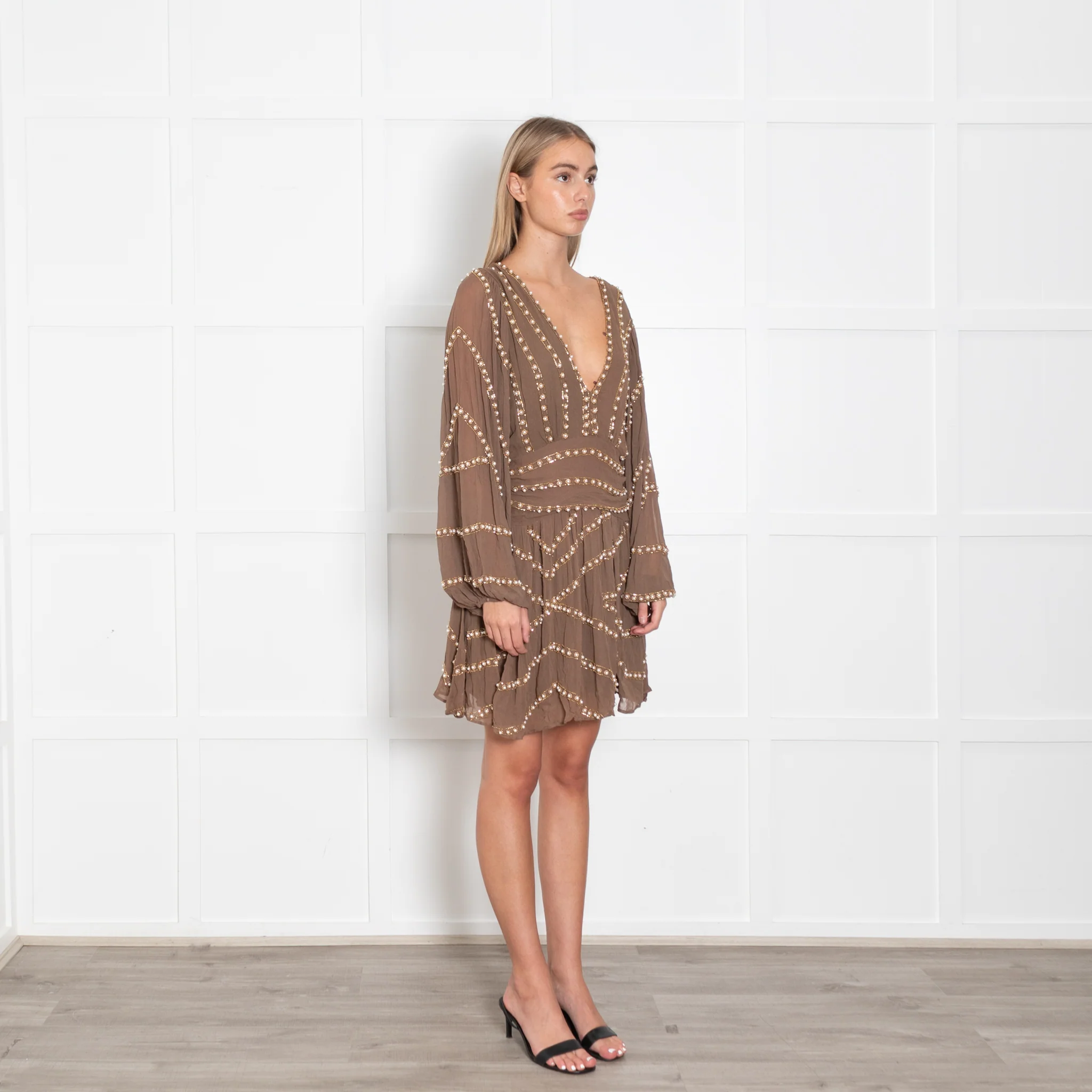 Free People Brown Pearl and Bead Mini Dress - Image 7