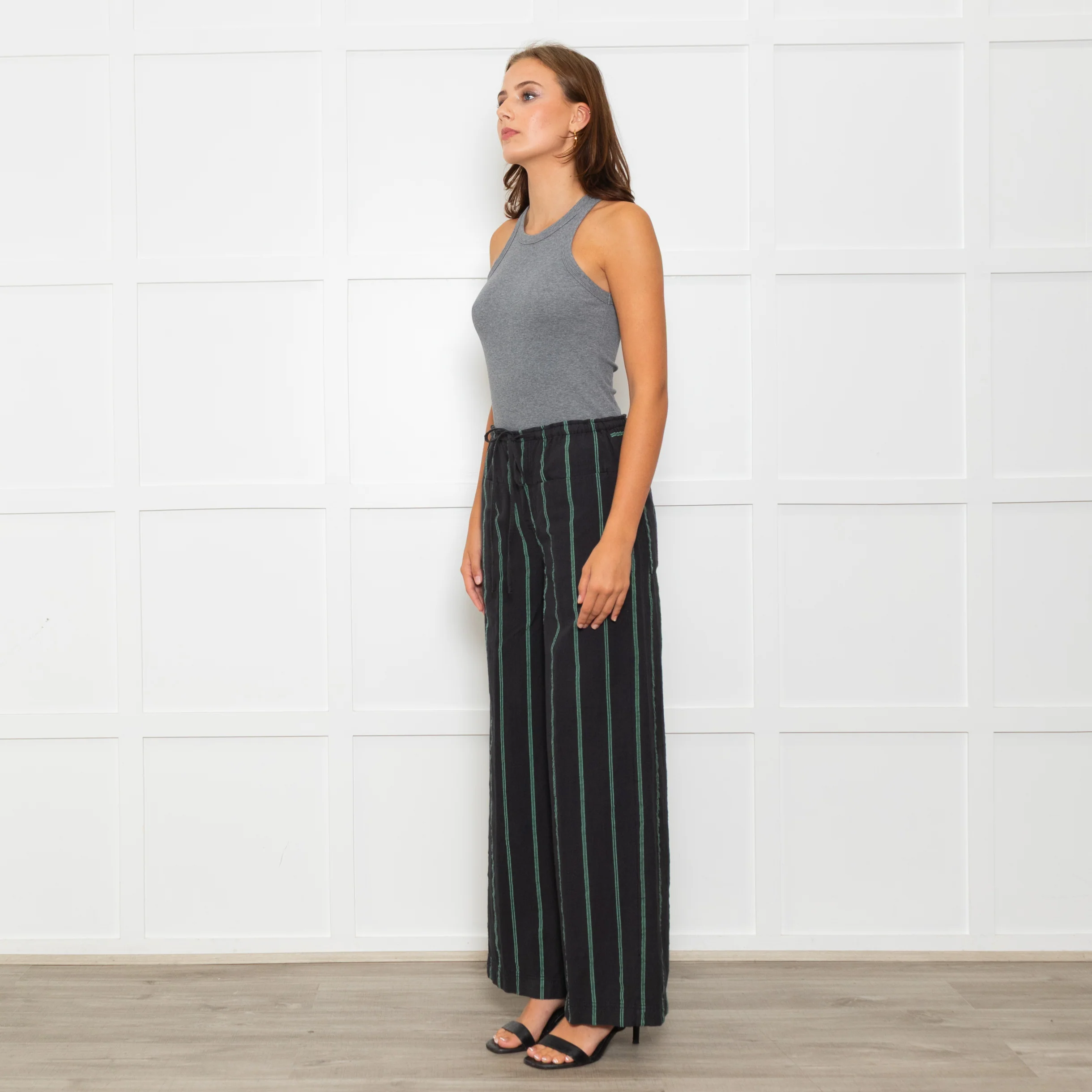 Free People Black Green Striped Cotton Trousers - Image 3