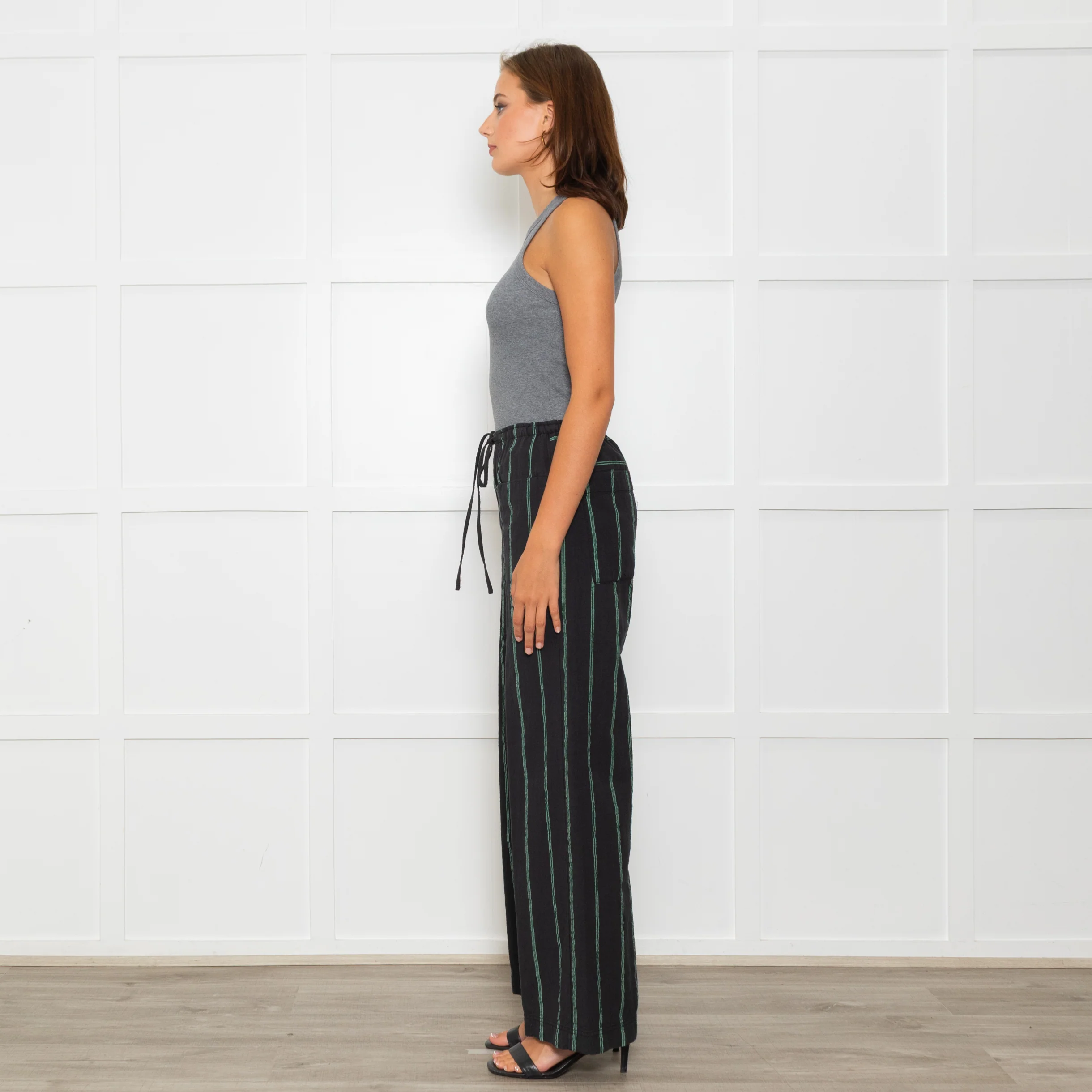 Free People Black Green Striped Cotton Trousers - Image 4