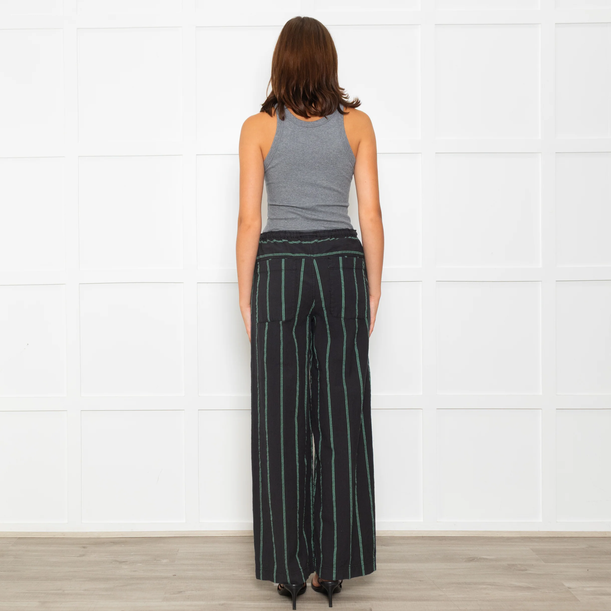 Free People Black Green Striped Cotton Trousers - Image 5