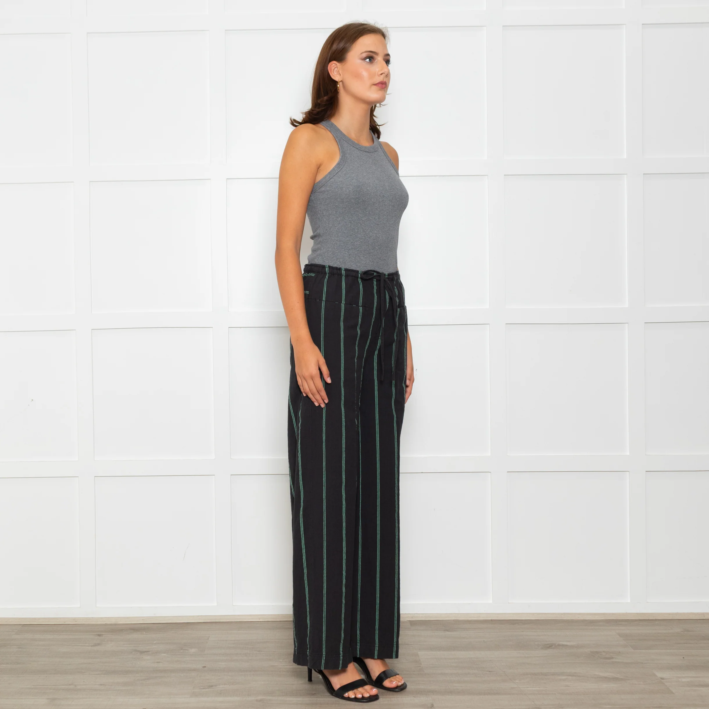 Free People Black Green Striped Cotton Trousers - Image 7