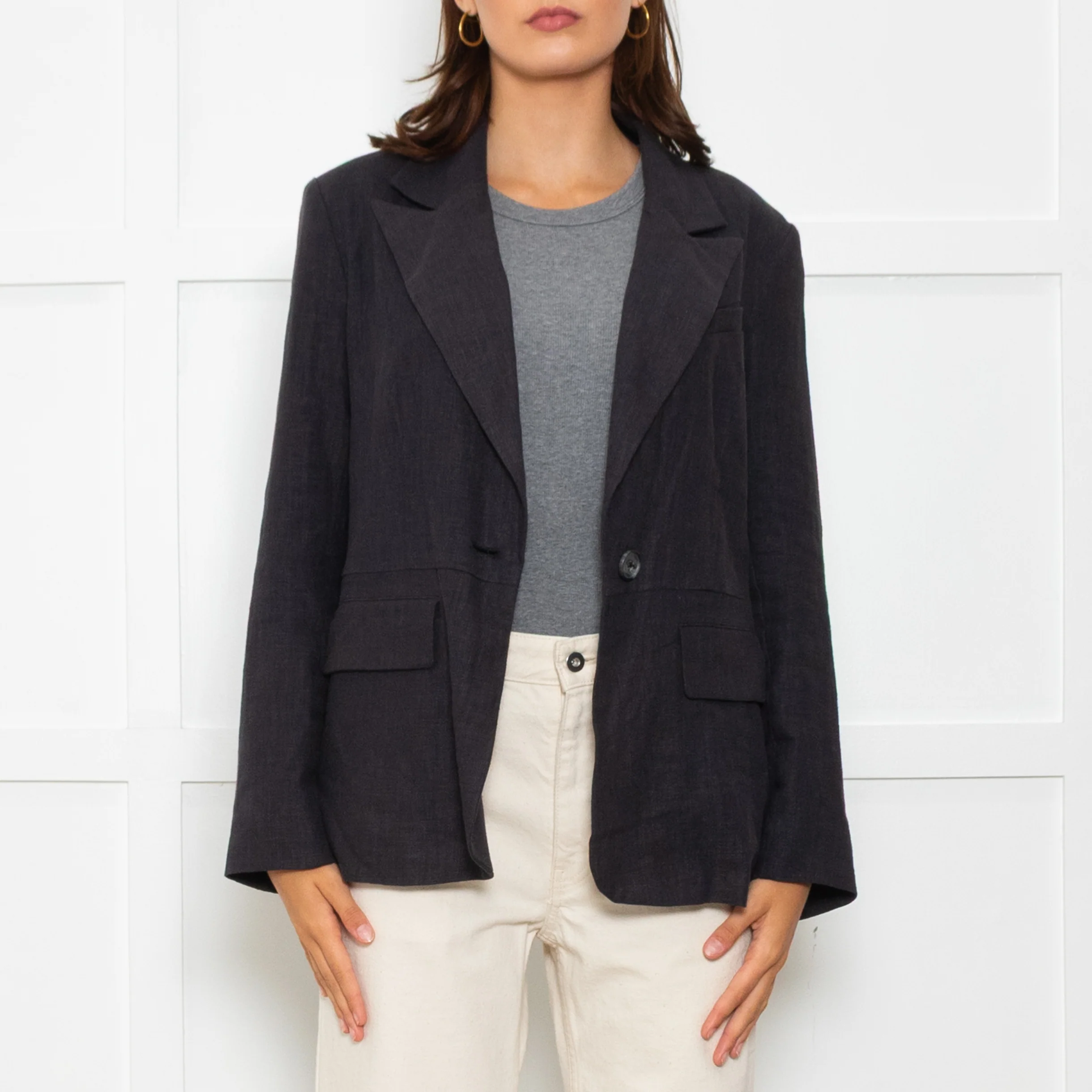 Free People Black Linen Blazer Jacket - Image 2