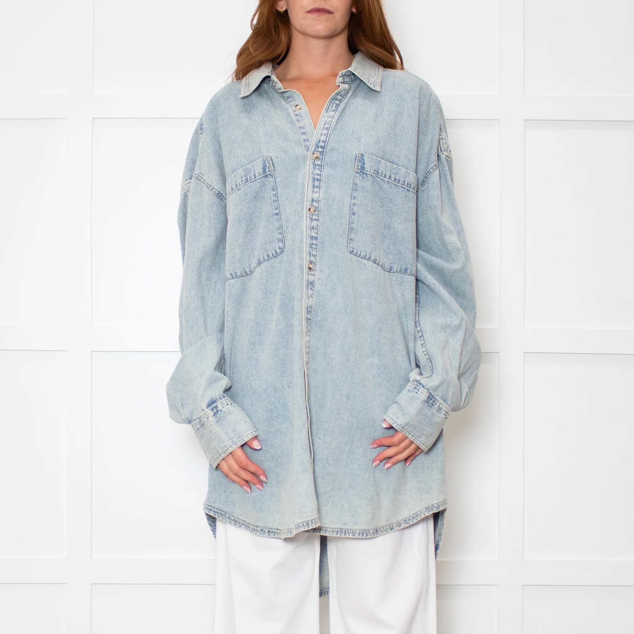 Free People Pale Wash Oversized Denim Shirt - Image 2