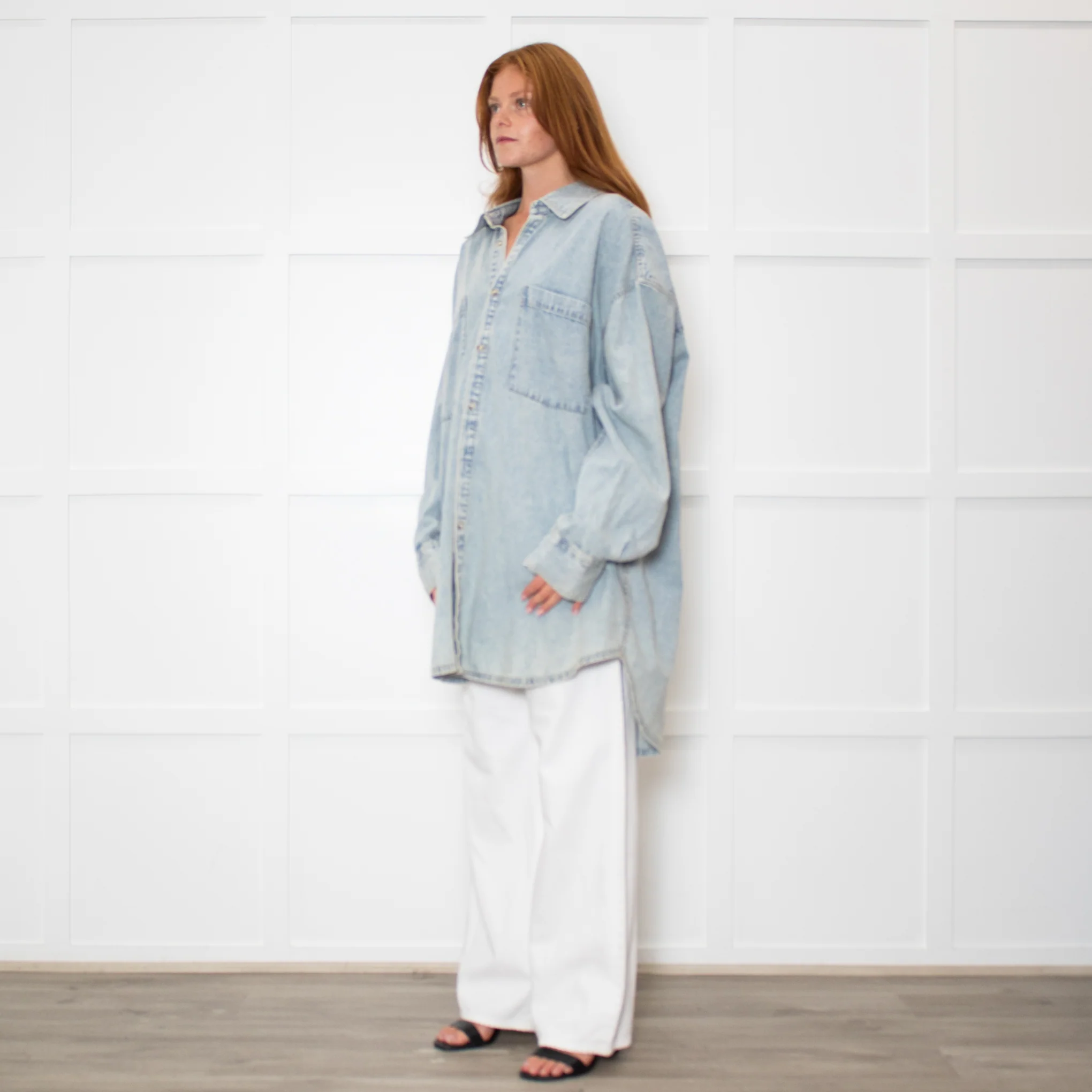 Free People Pale Wash Oversized Denim Shirt - Image 3