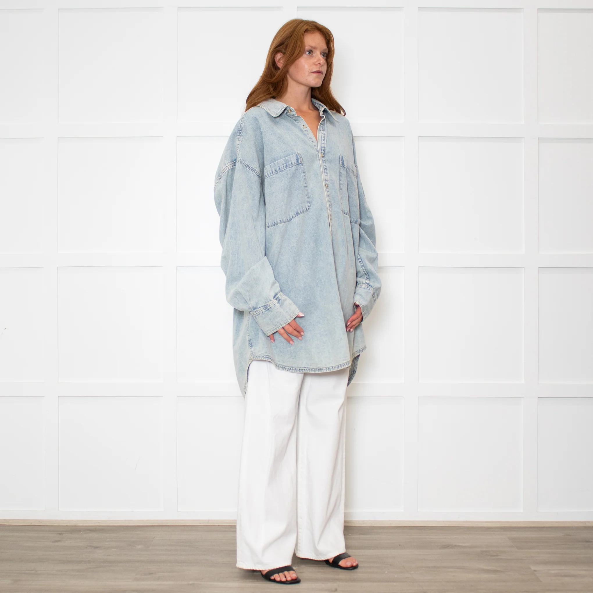 Free People Pale Wash Oversized Denim Shirt - Image 7