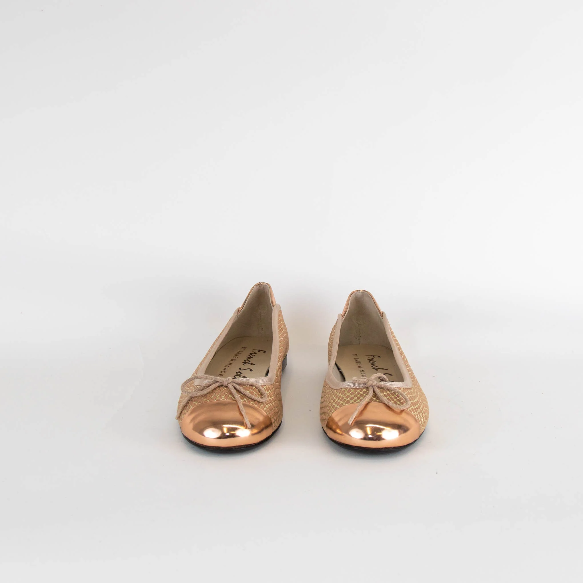 French Sole Rose Gold Embossed Leather Flat Pumps - Image 2
