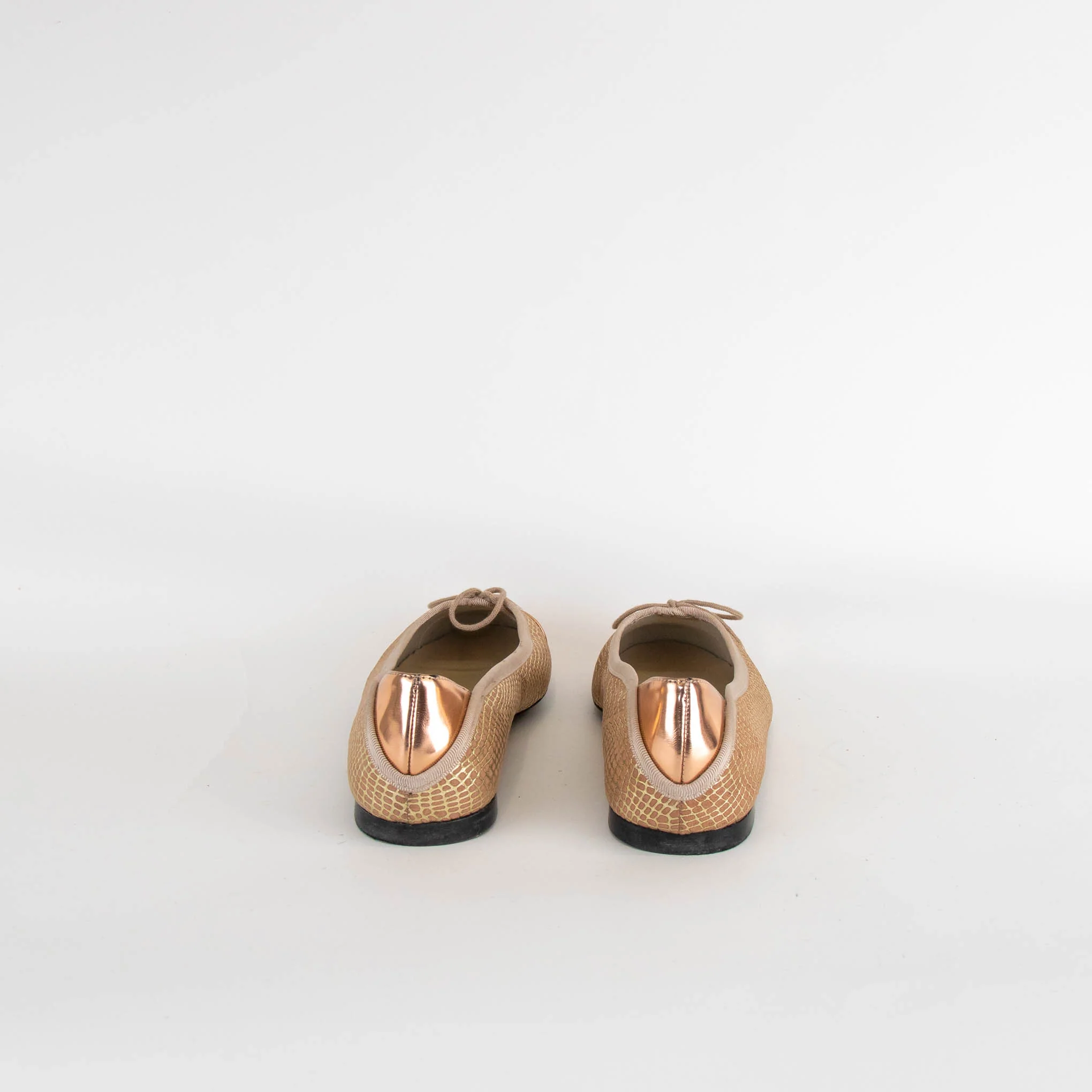 French Sole Rose Gold Embossed Leather Flat Pumps - Image 4