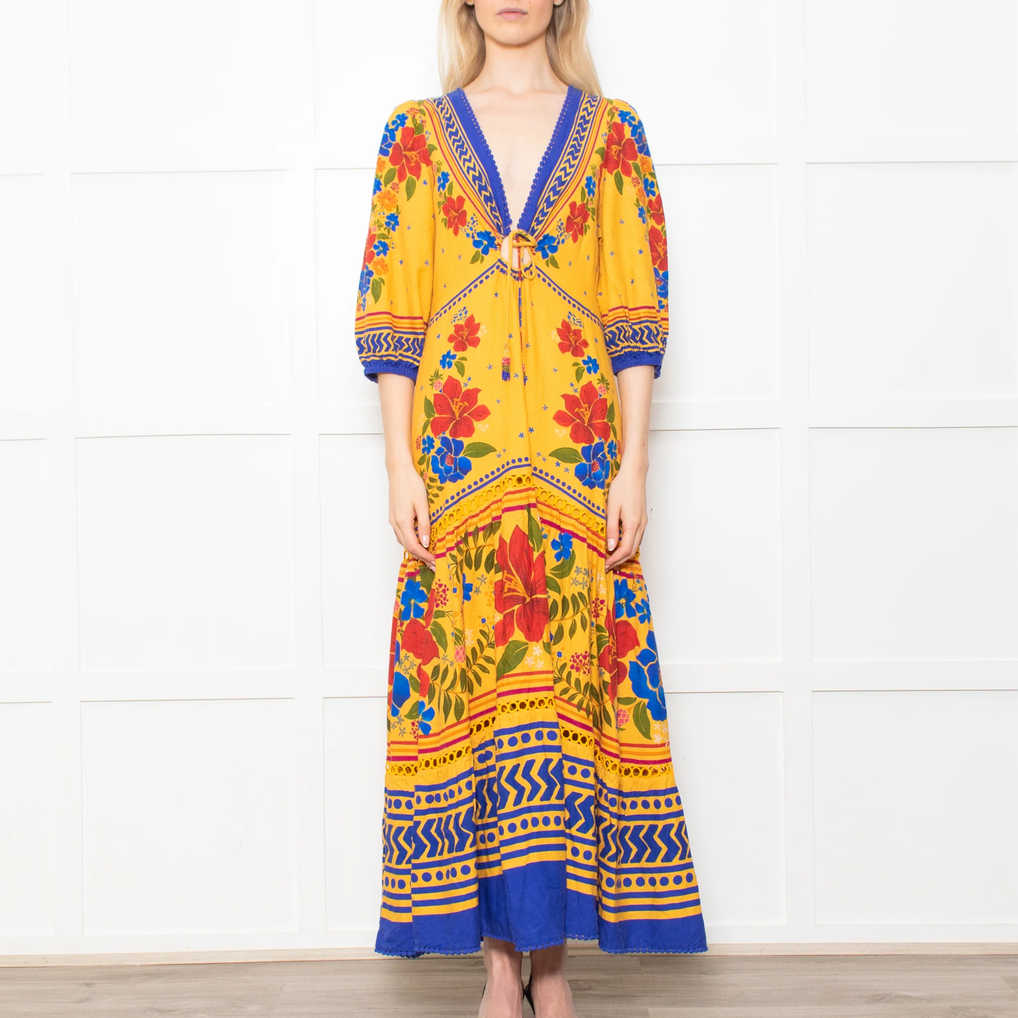 Farm Rio Yellow and Blue Floral Yard Lenzing Maxi Dress - Image 2