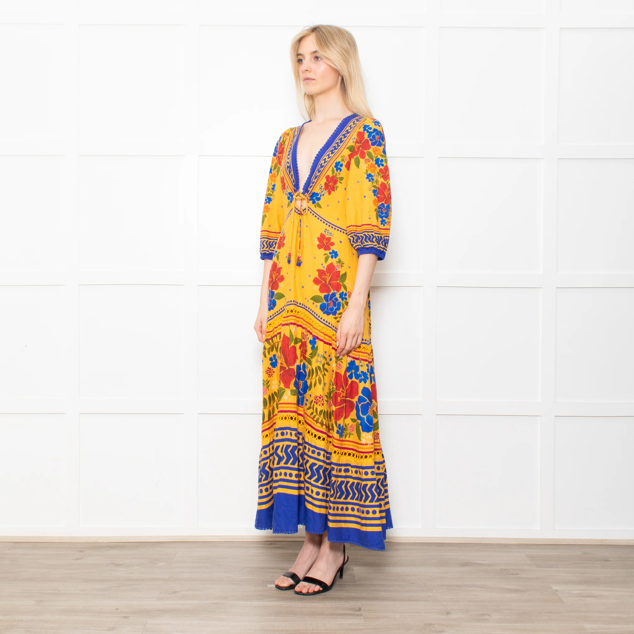 Farm Rio Yellow and Blue Floral Yard Lenzing Maxi Dress - Image 3