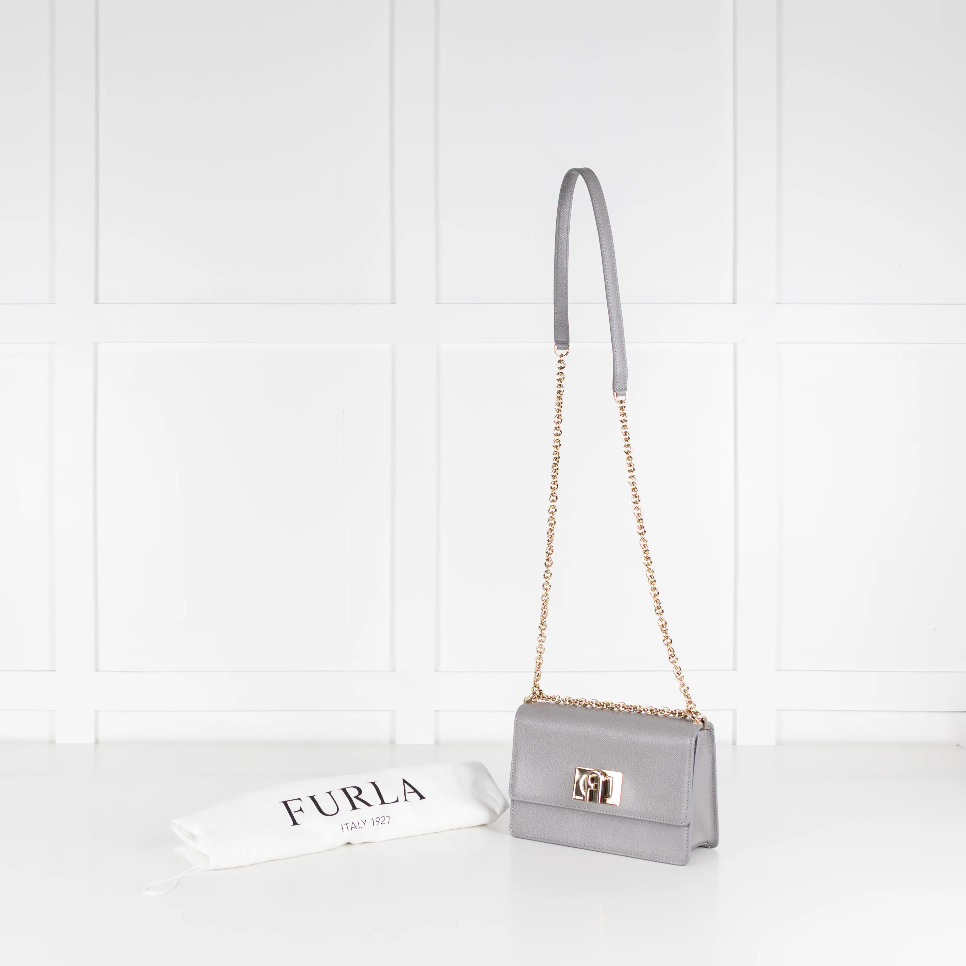 Furla Grey 1927 Grey Mini Crossbody With Fixed Gold Chain Strap - Image 2