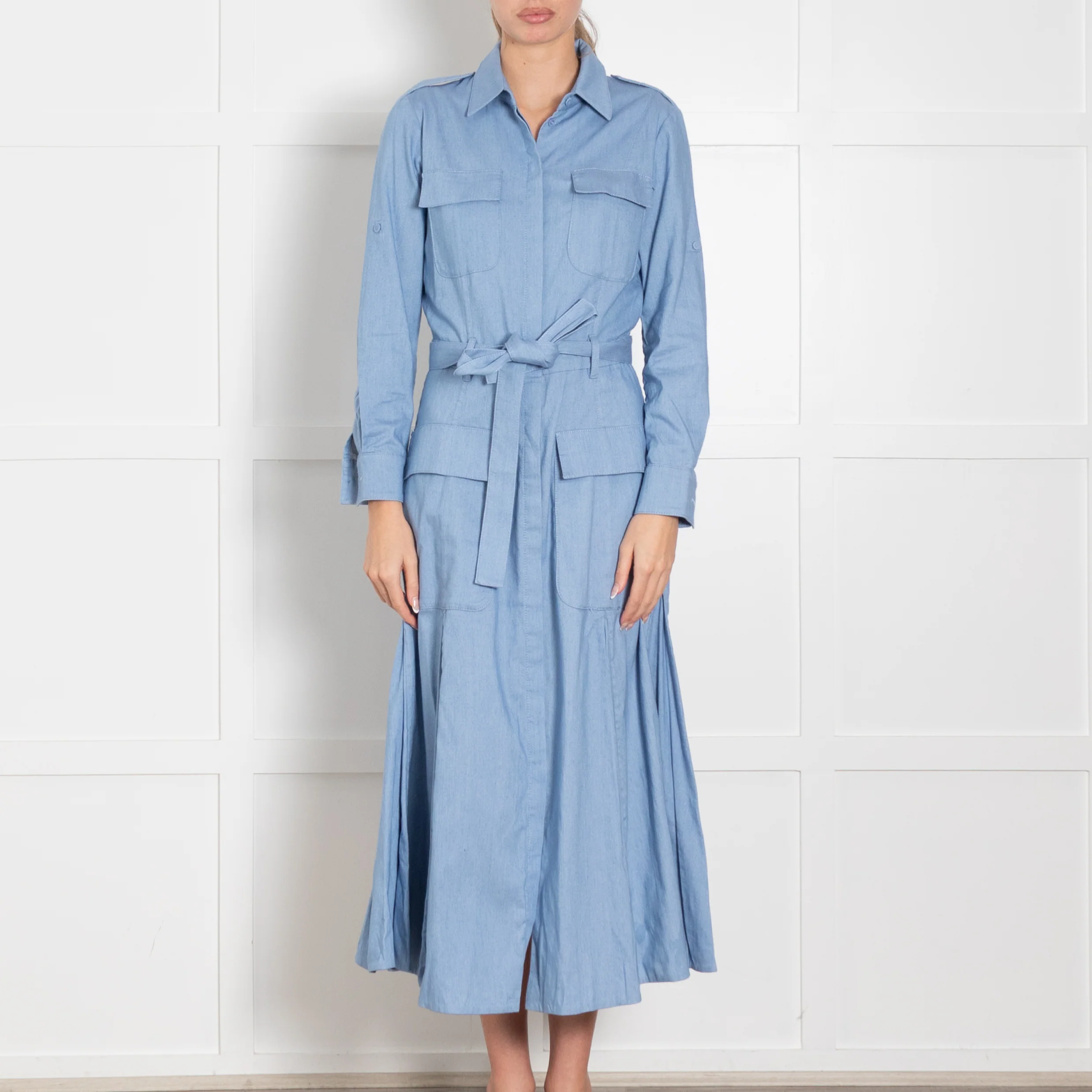 Gabriela Hearst Blue Pleated Belted Shirt Dress - Image 2