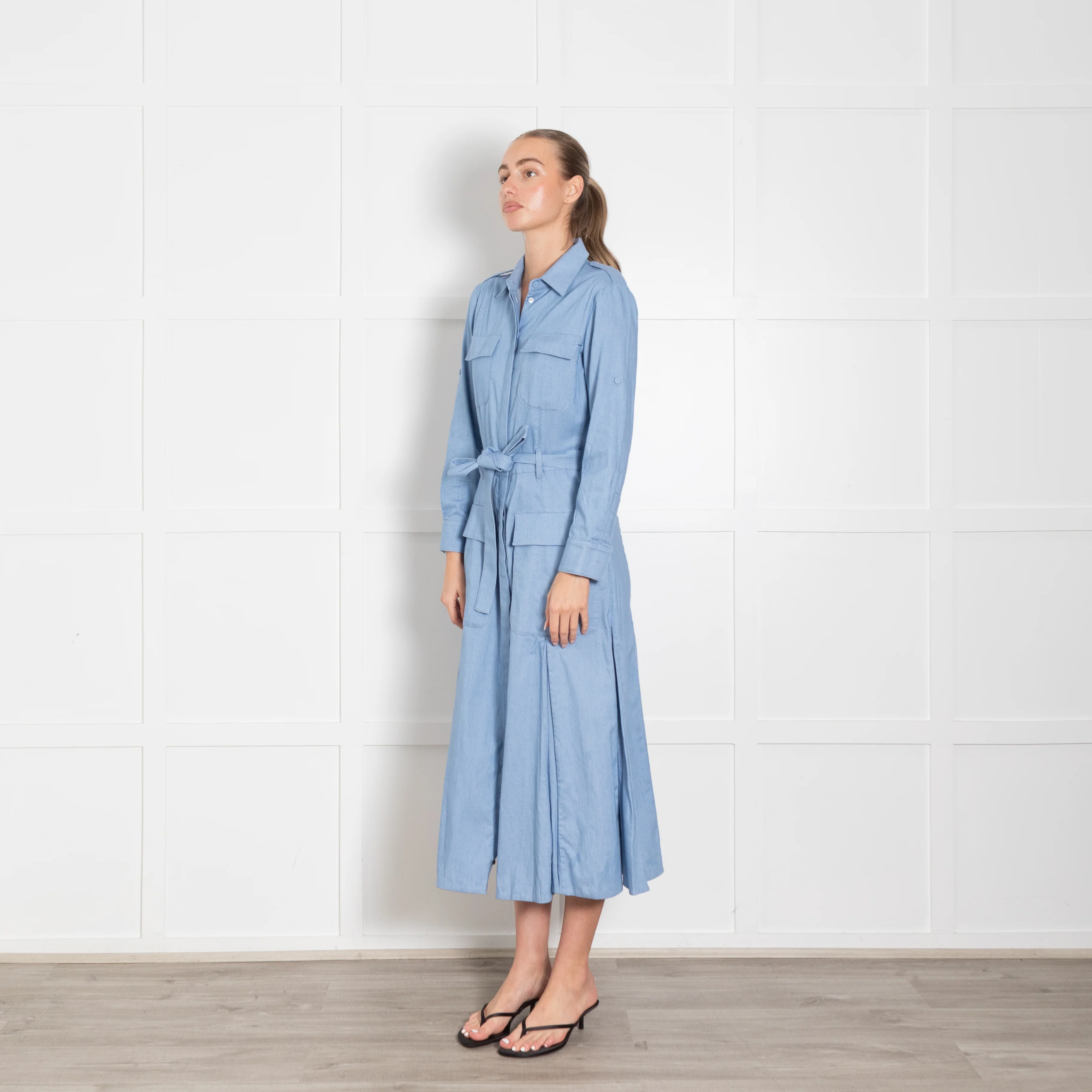 Gabriela Hearst Blue Pleated Belted Shirt Dress - Image 3