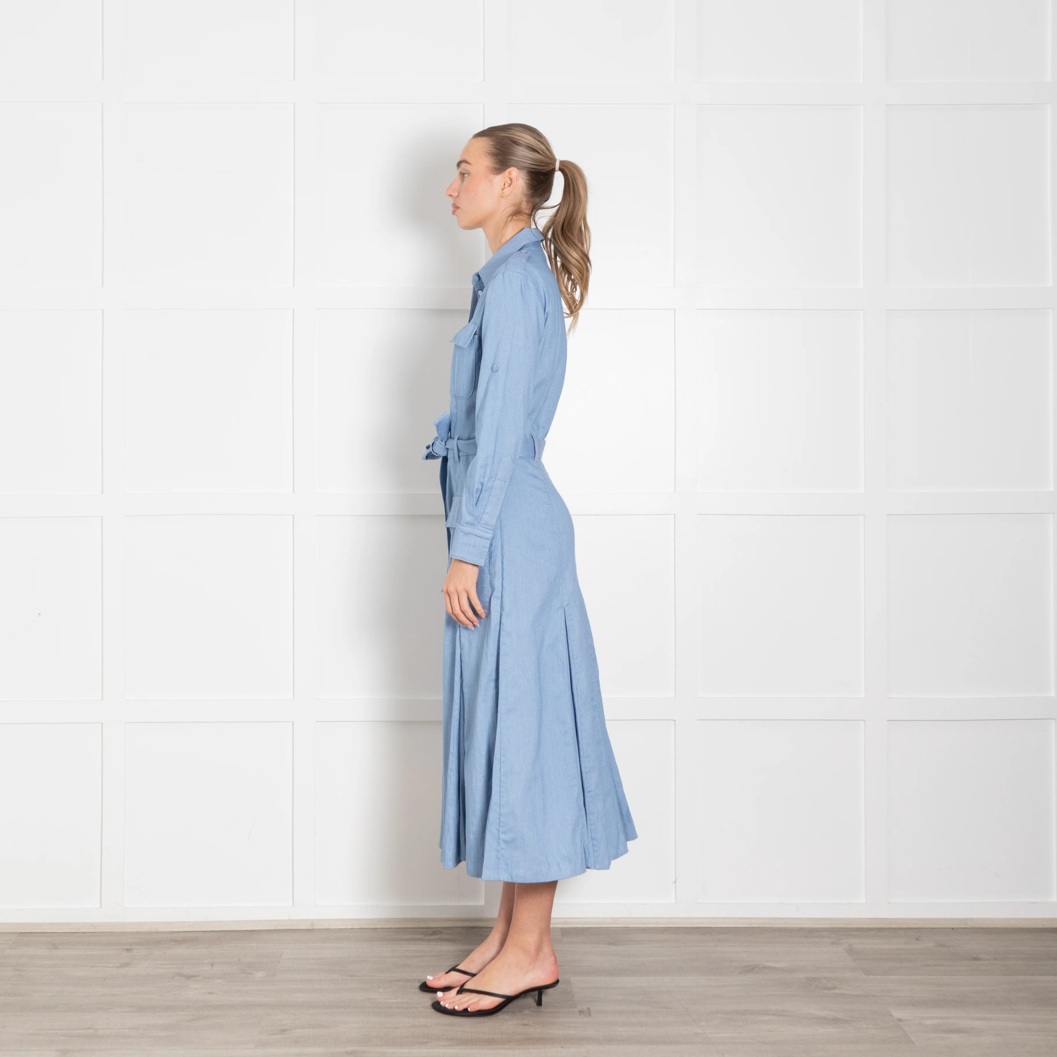 Gabriela Hearst Blue Pleated Belted Shirt Dress - Image 4