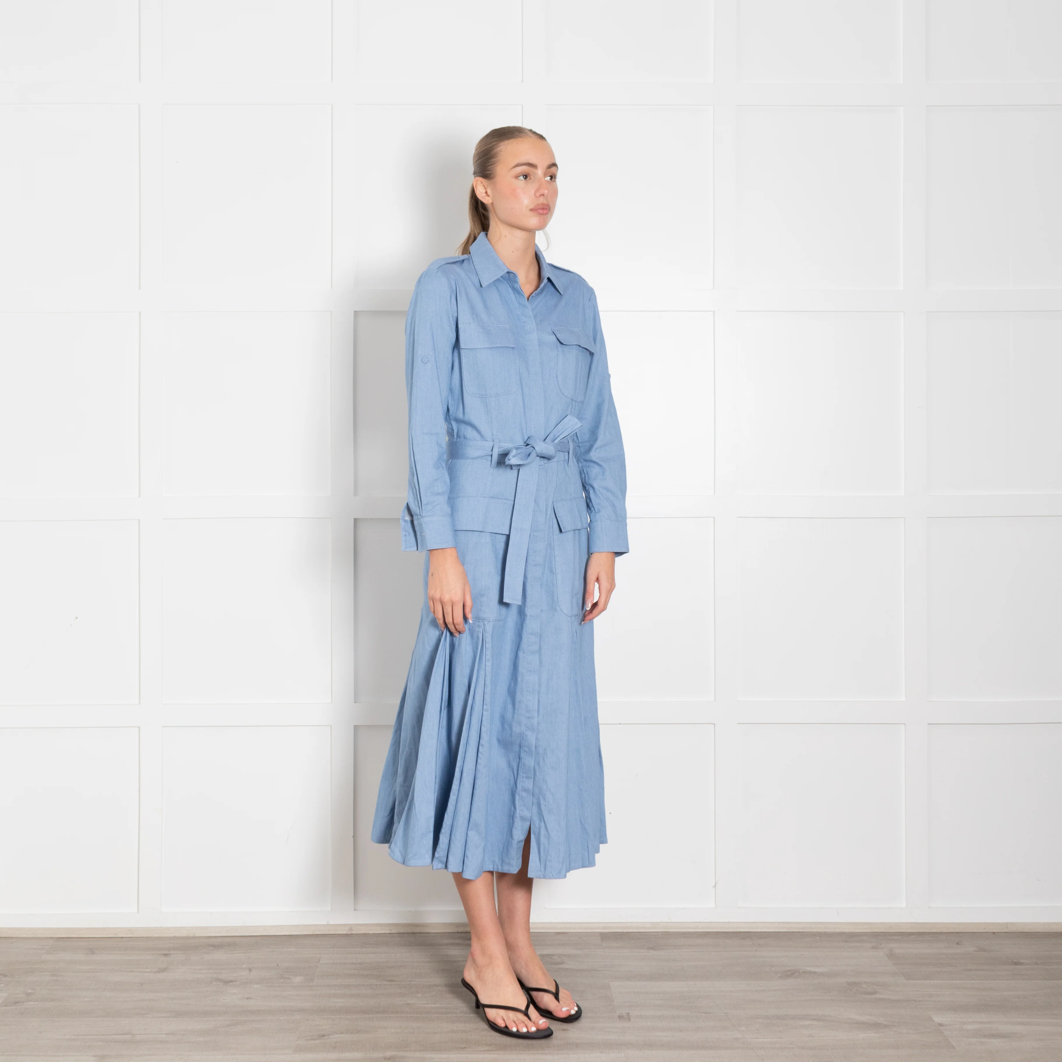 Gabriela Hearst Blue Pleated Belted Shirt Dress - Image 7