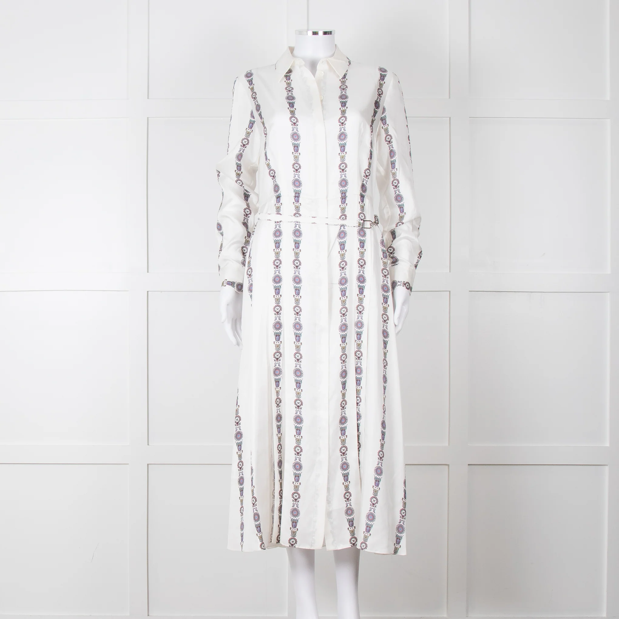 Gabriela Hearst White Blue Red Silk Pleated Sheer Panel Belted Dress