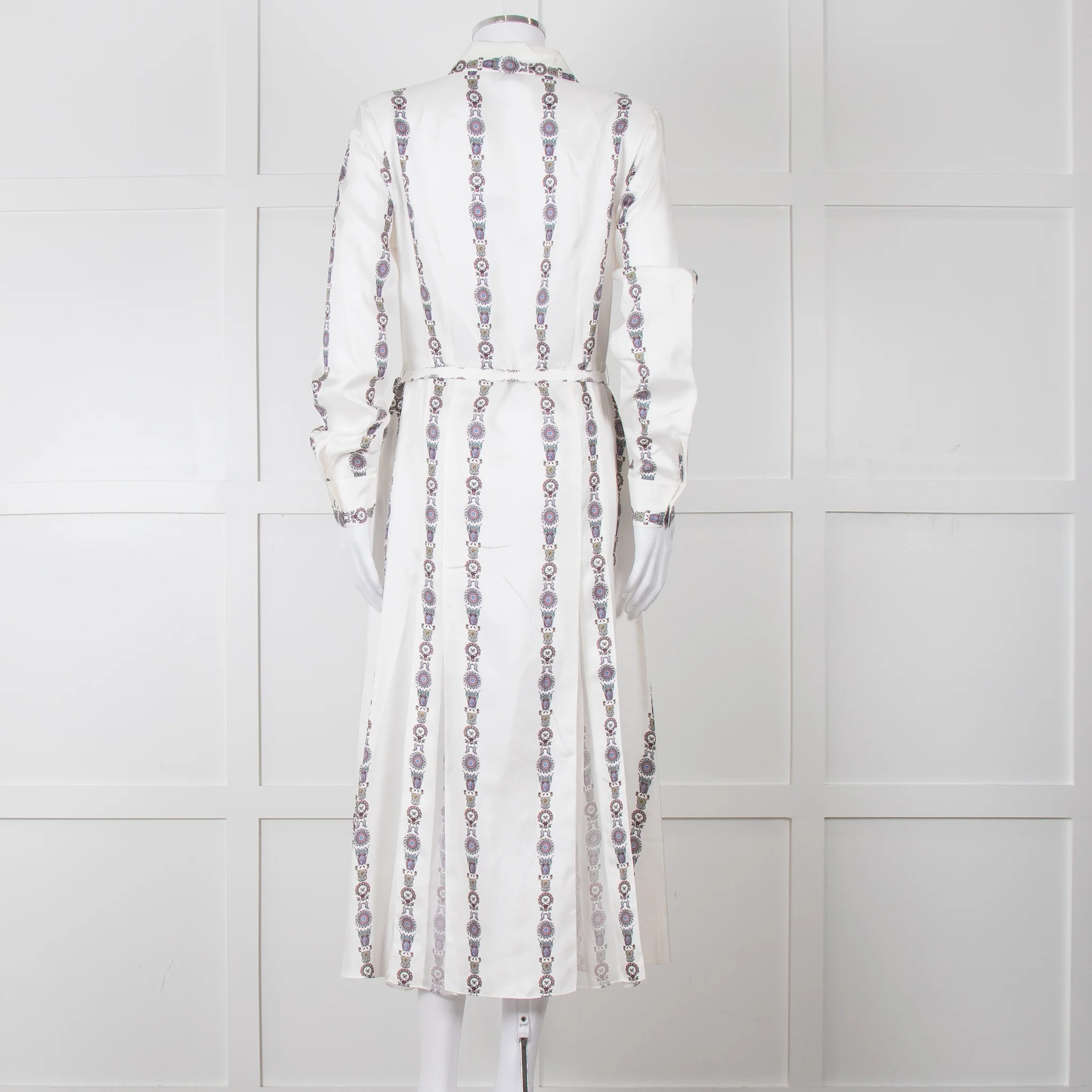 Gabriela Hearst White Blue Red Silk Pleated Sheer Panel Belted Dress - Image 5