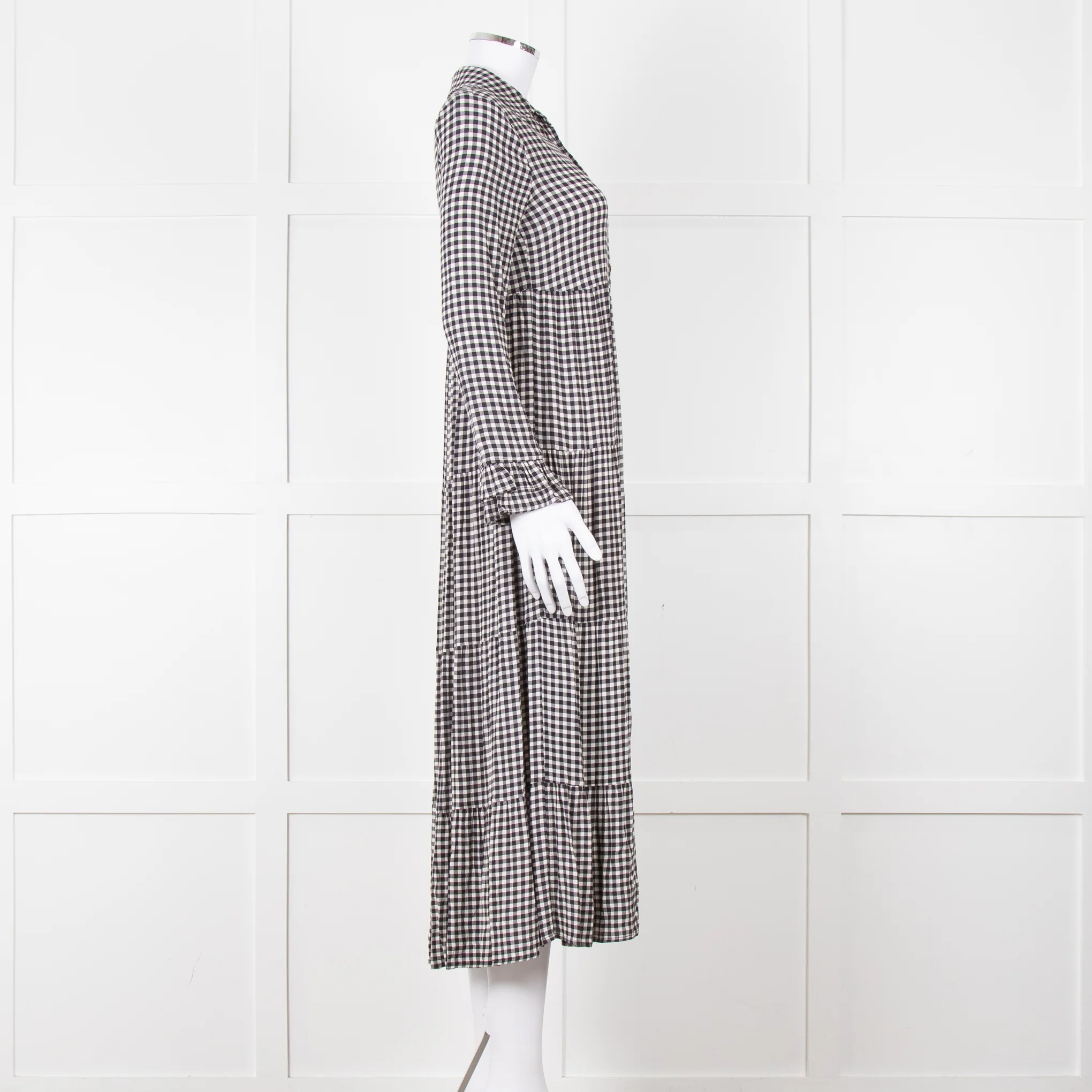 Ganni Black And White Small Check Tiered Maxi Dress - Image 3