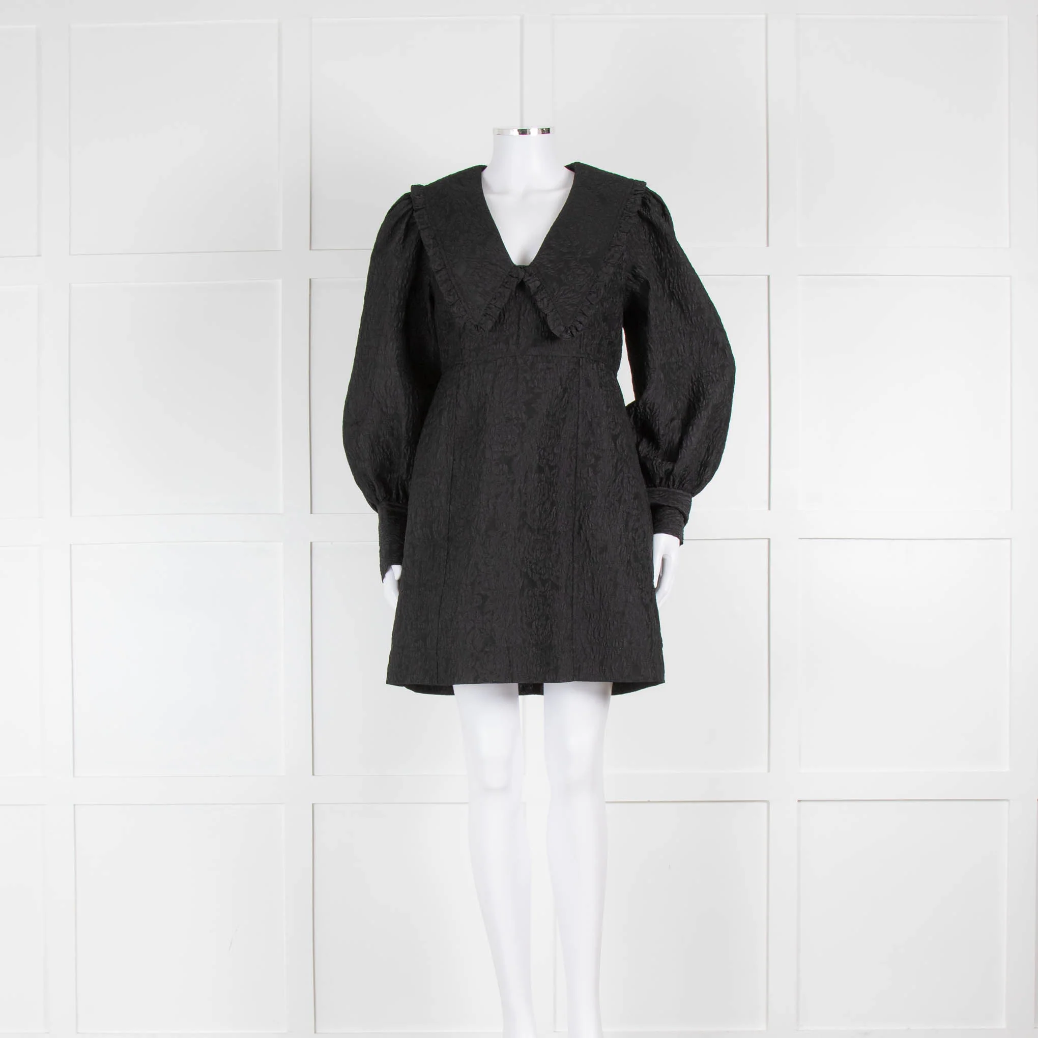 Ganni Black Jaquard Organza V-Neck Ruffle Collar Dress