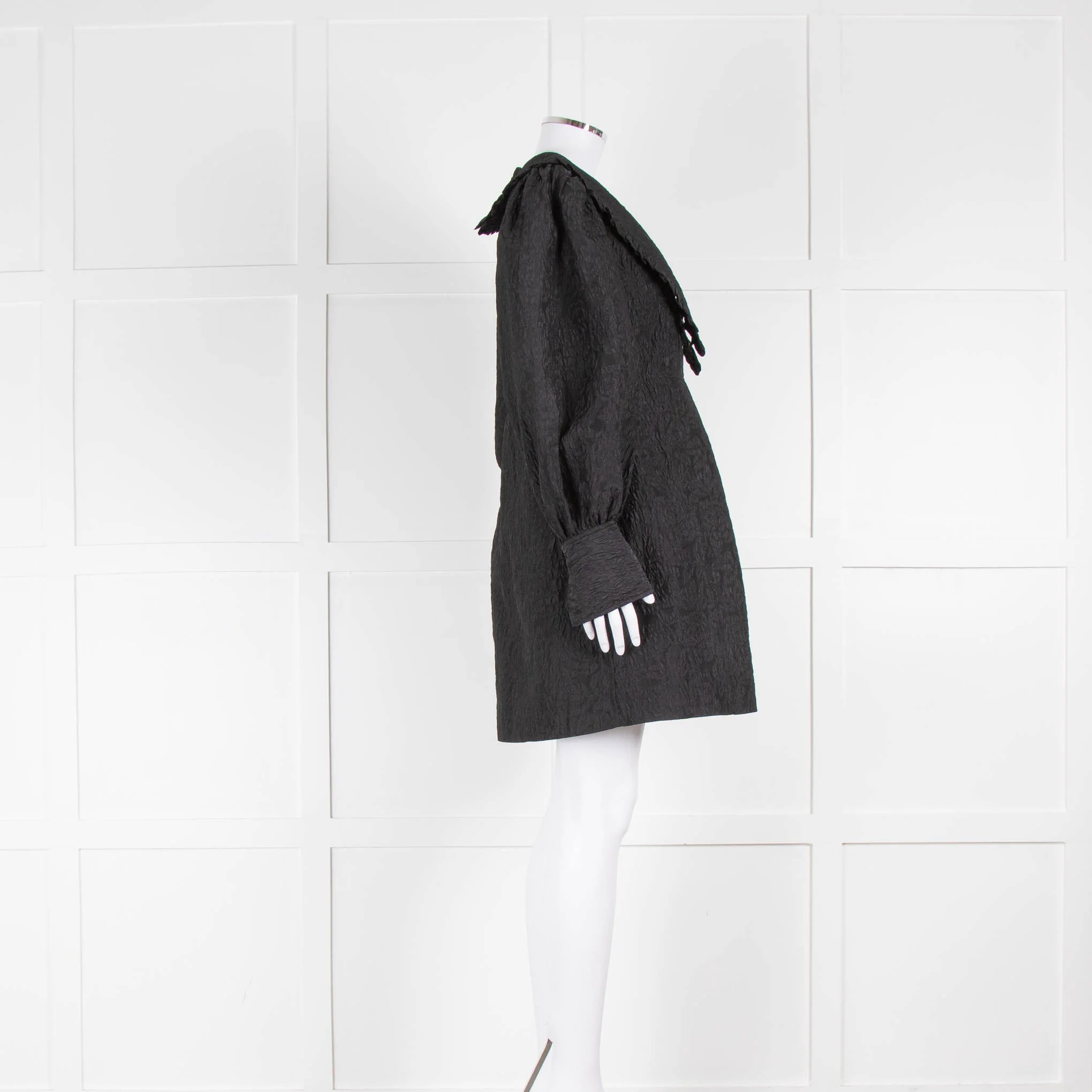 Ganni Black Jaquard Organza V-Neck Ruffle Collar Dress - Image 2