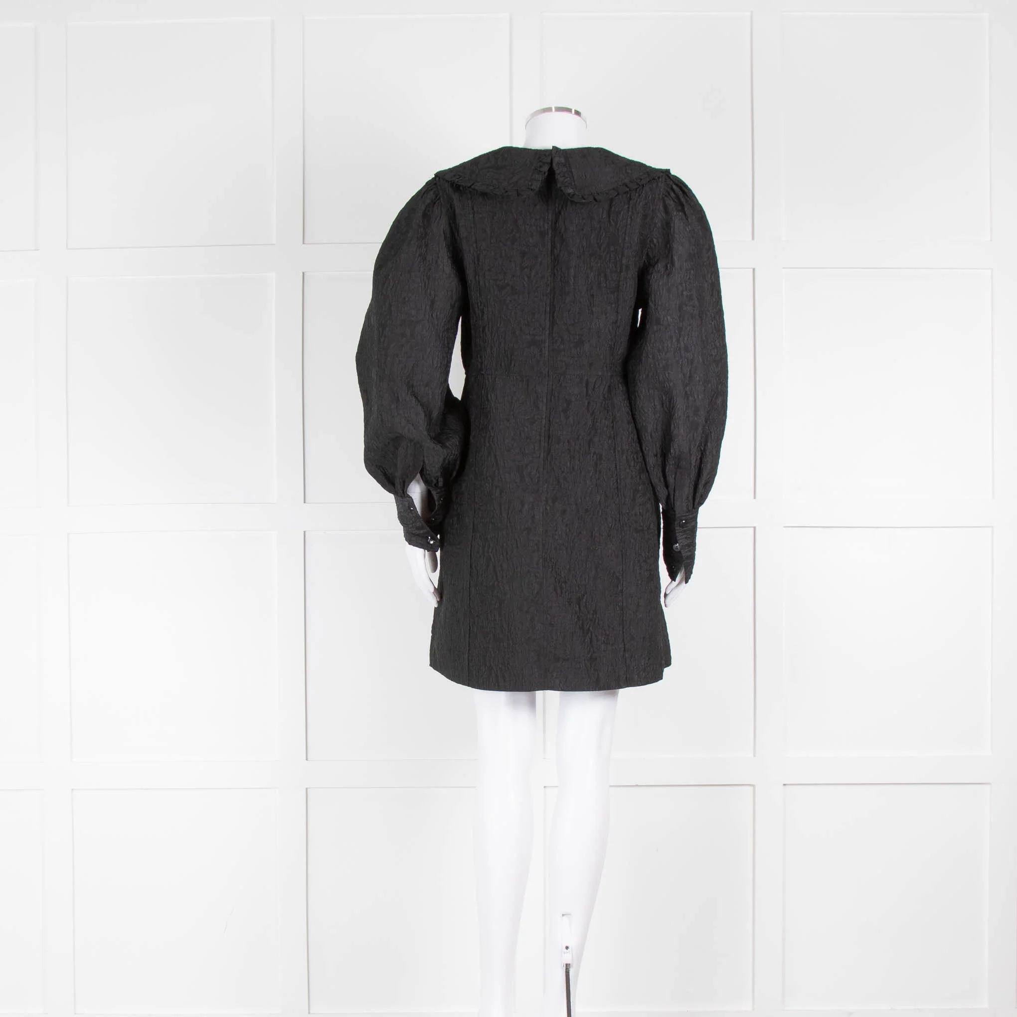 Ganni Black Jaquard Organza V-Neck Ruffle Collar Dress - Image 3