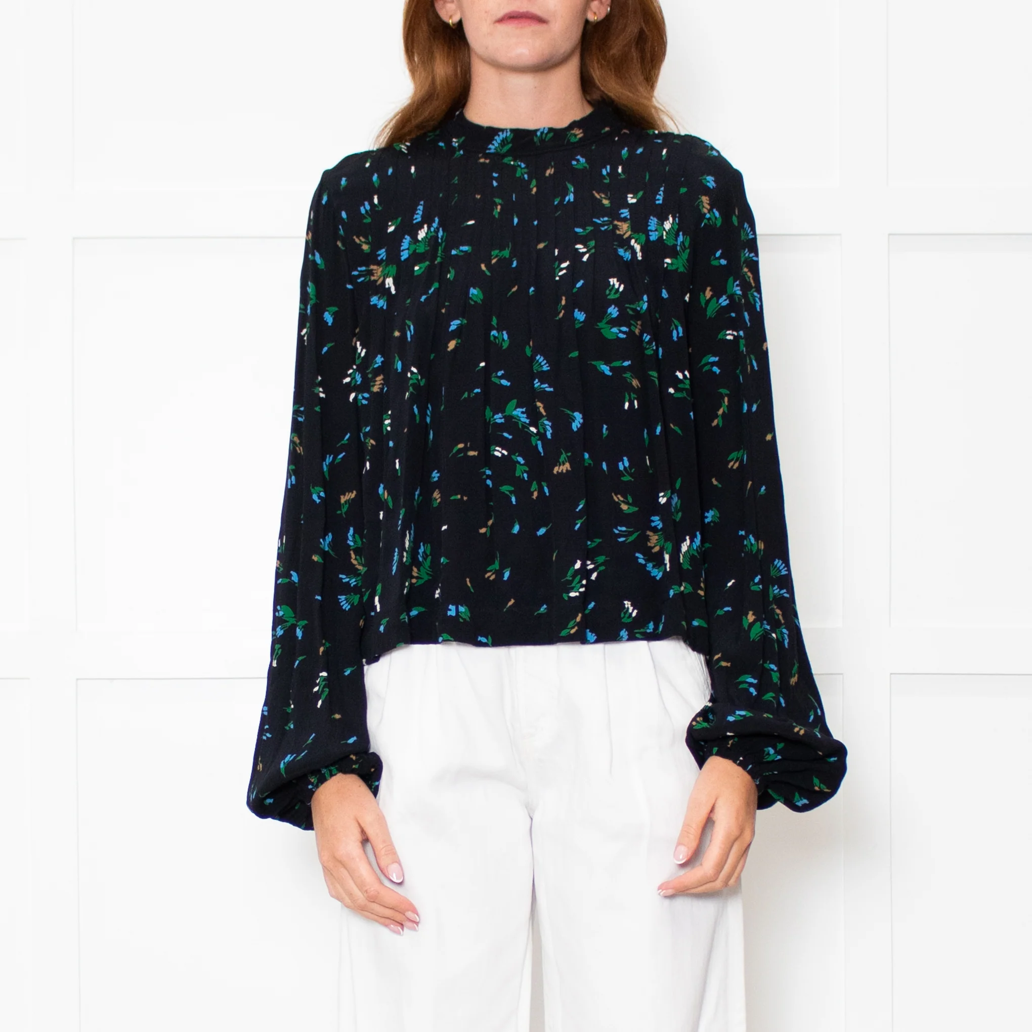 Ganni Black Blue Floral Long Sleeve Zip Back Top - Image 2