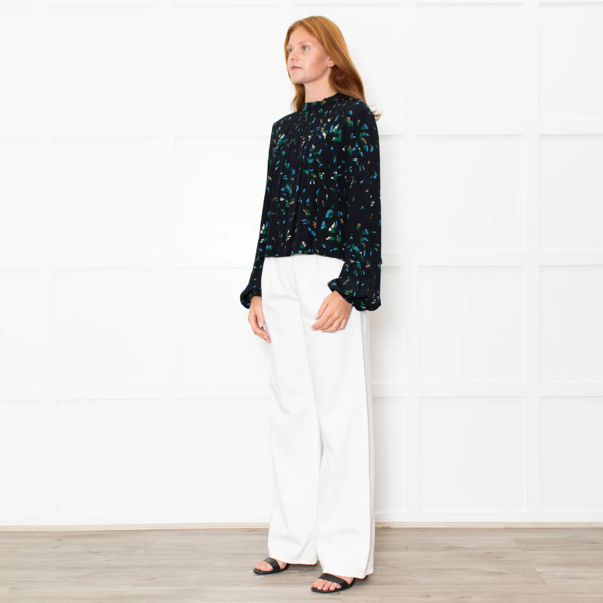 Ganni Black Blue Floral Long Sleeve Zip Back Top - Image 3