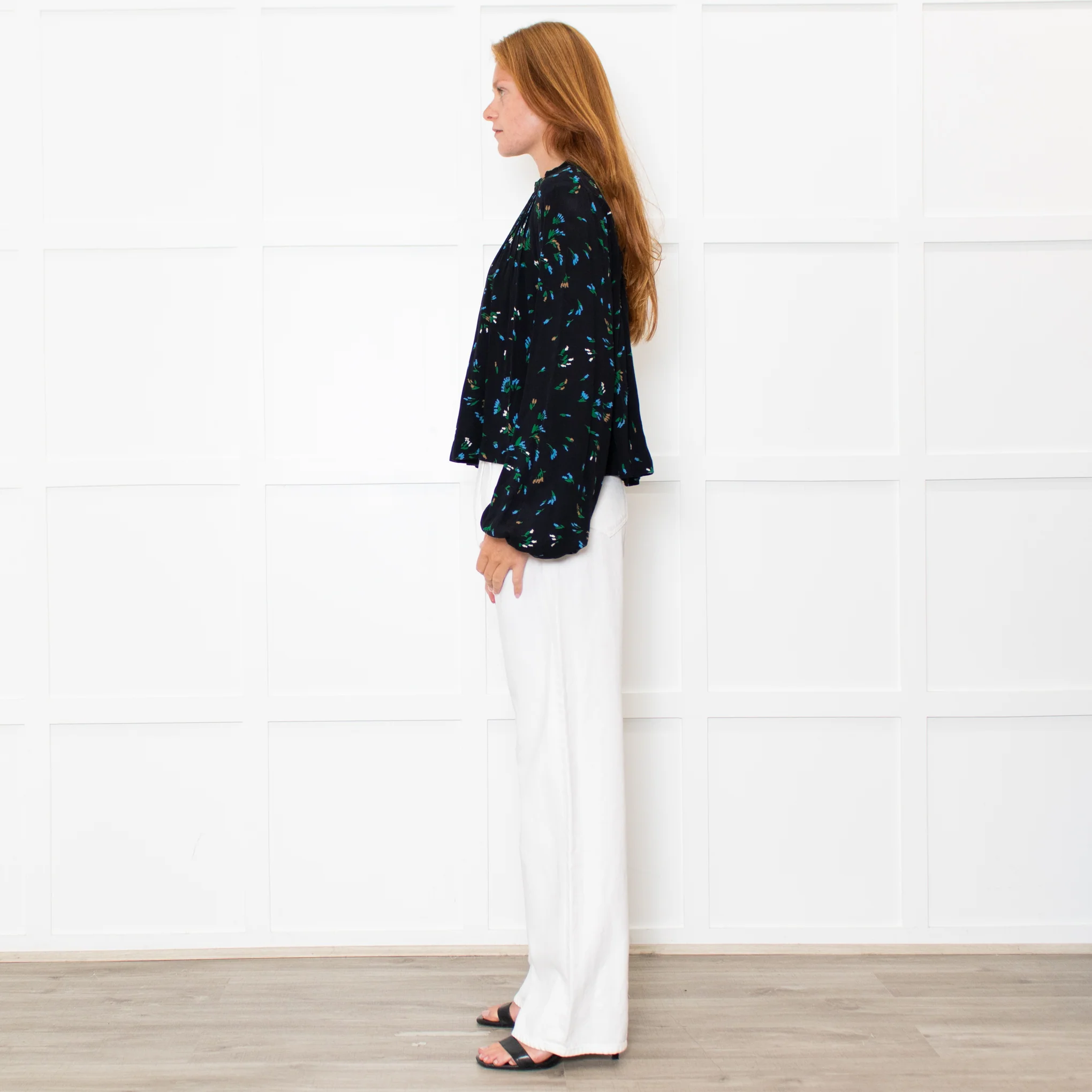 Ganni Black Blue Floral Long Sleeve Zip Back Top - Image 4