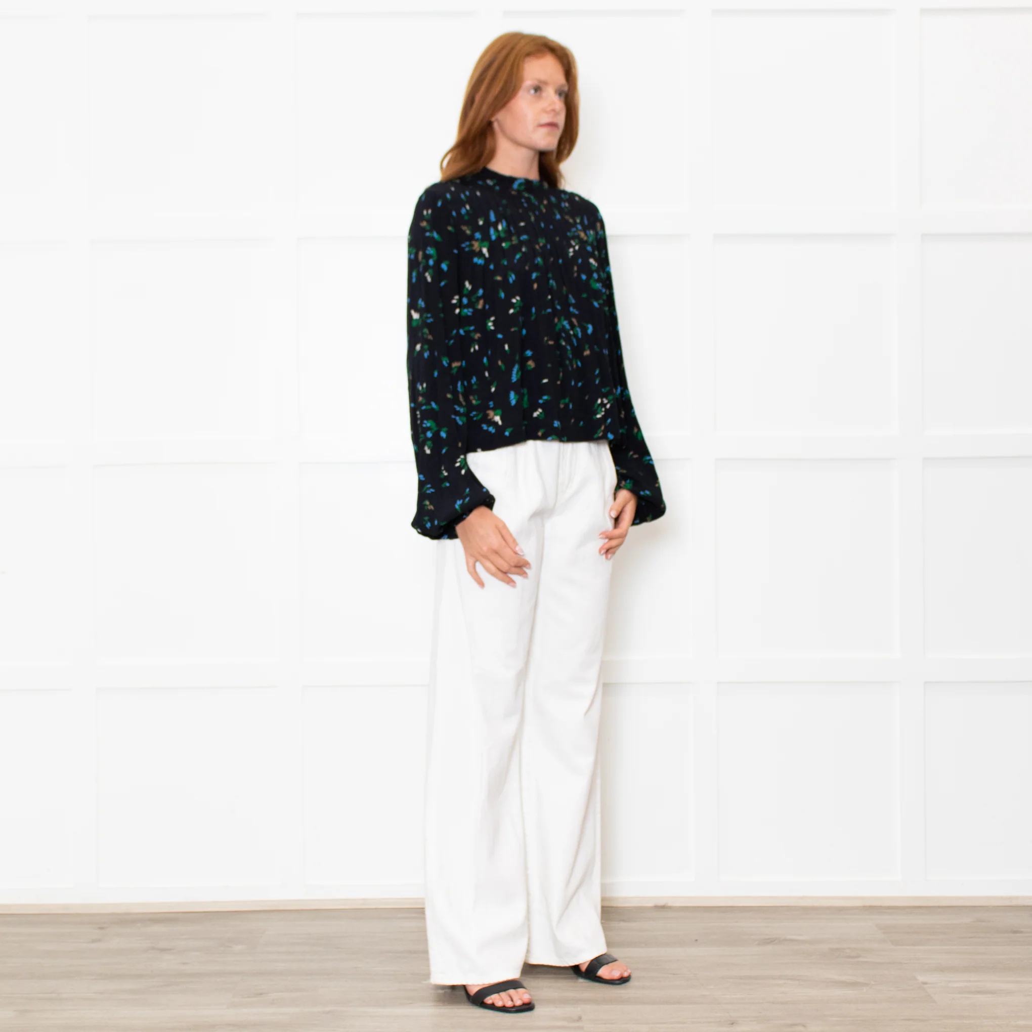 Ganni Black Blue Floral Long Sleeve Zip Back Top - Image 7