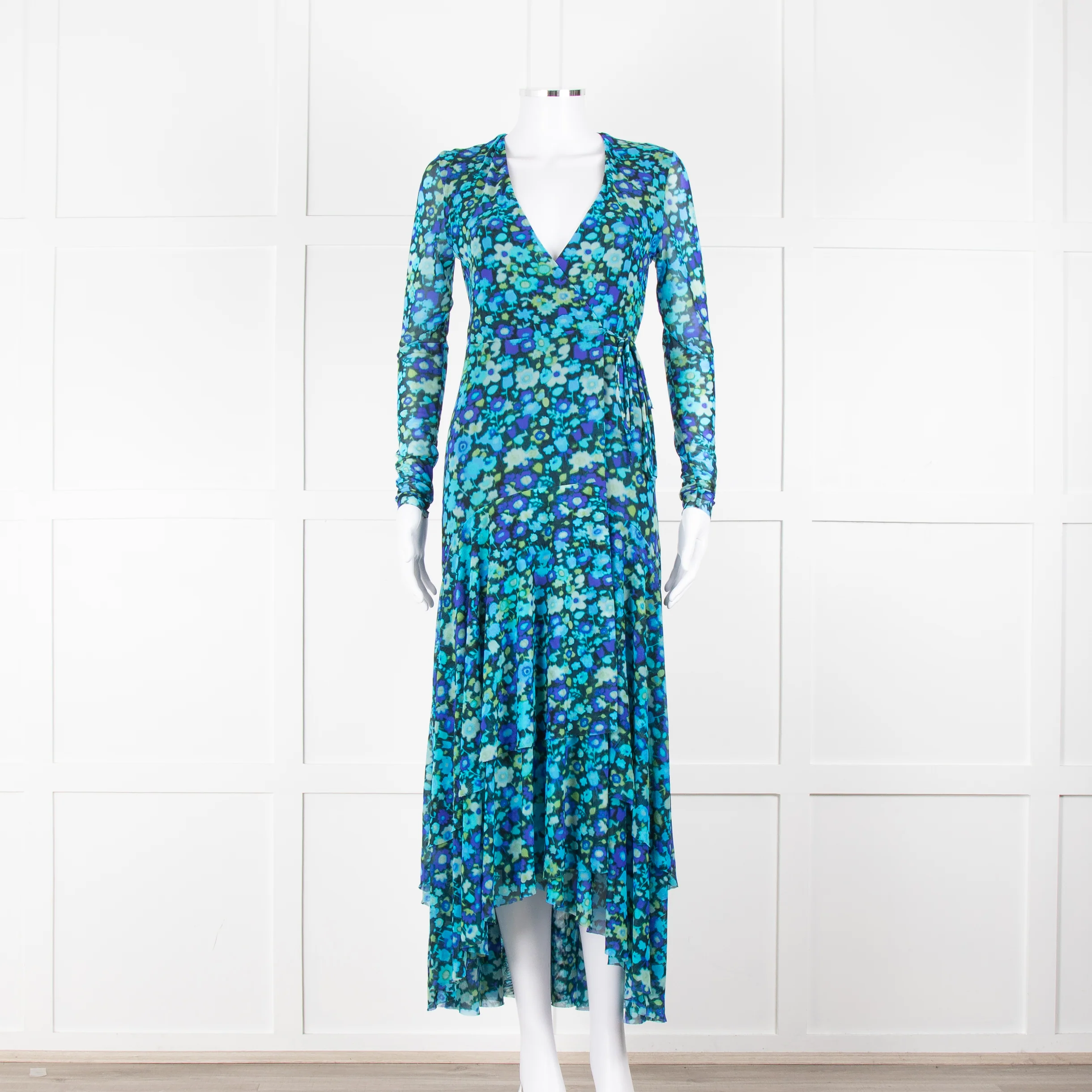 Ganni Black Blue Floral Wrapped Midi Dress