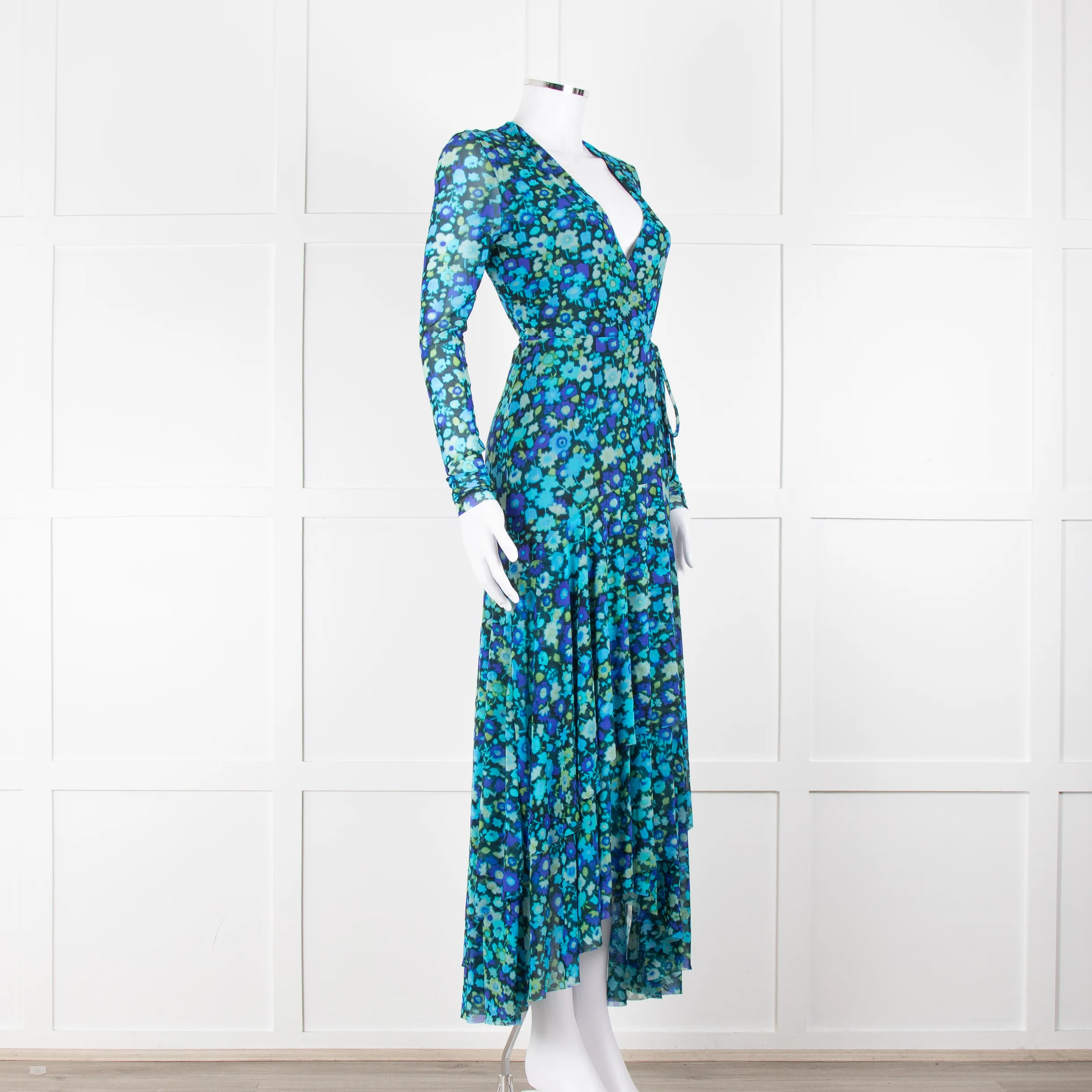 Ganni Black Blue Floral Wrapped Midi Dress - Image 2