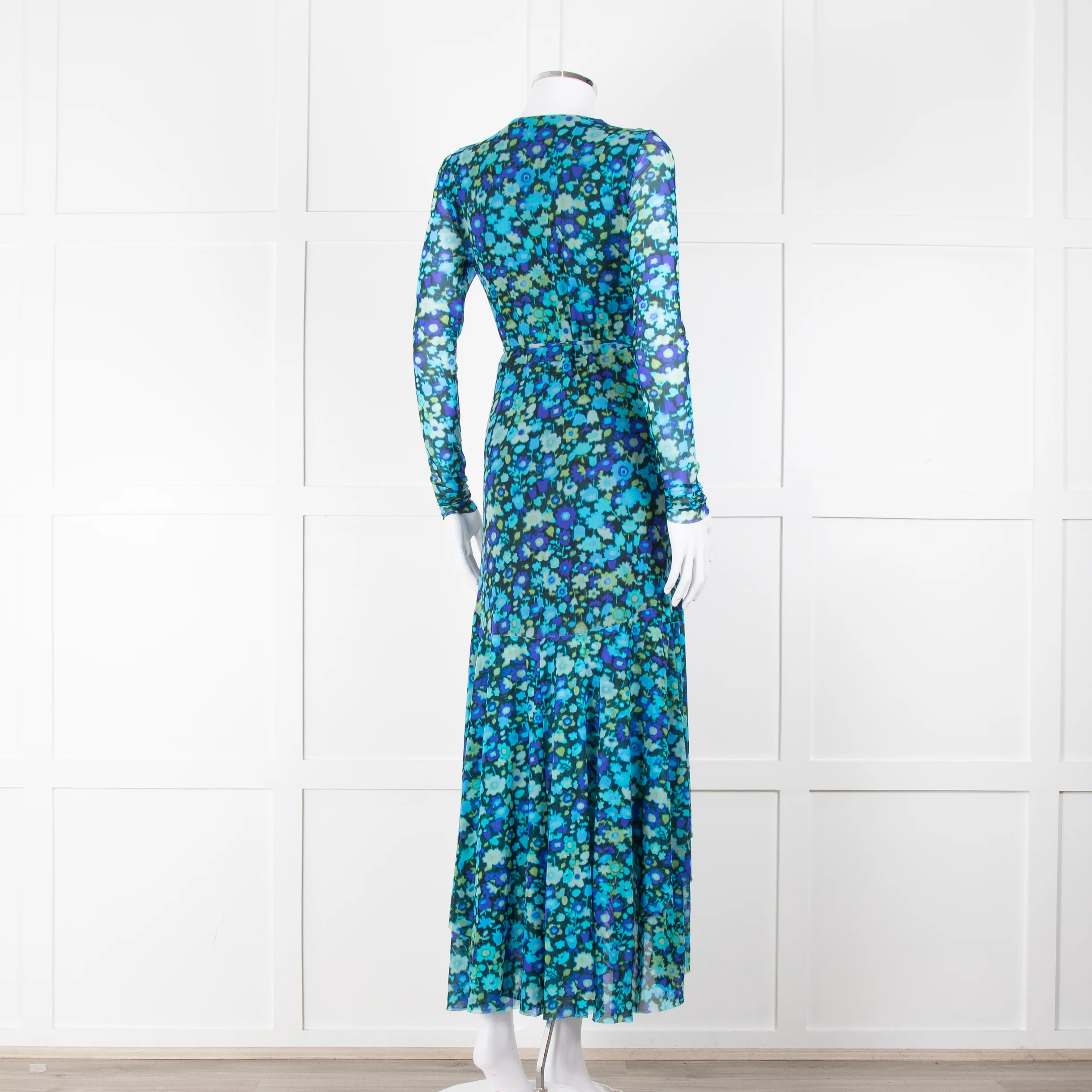 Ganni Black Blue Floral Wrapped Midi Dress - Image 4