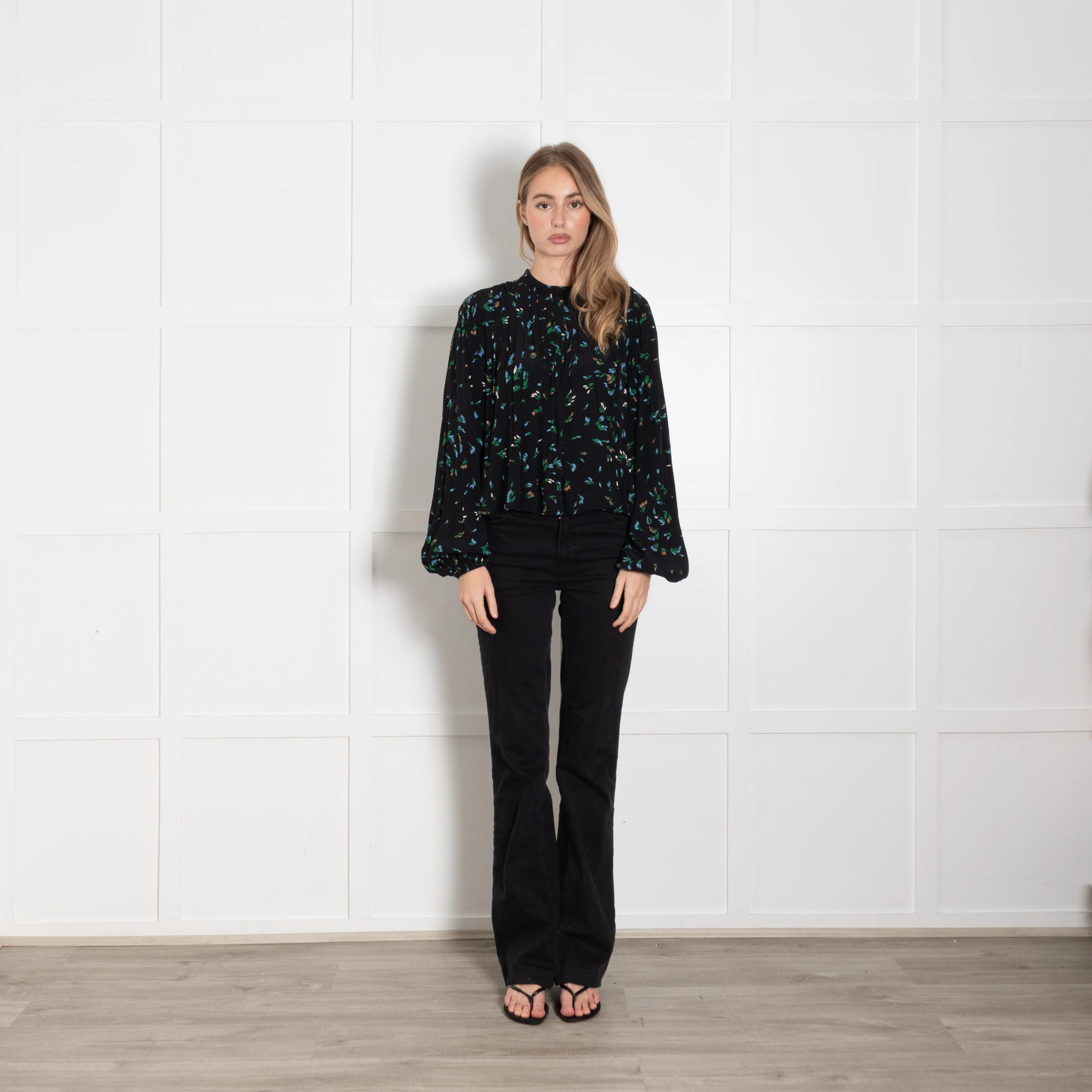 Ganni Black Blue Green Floral Long Sleeve Swing Top