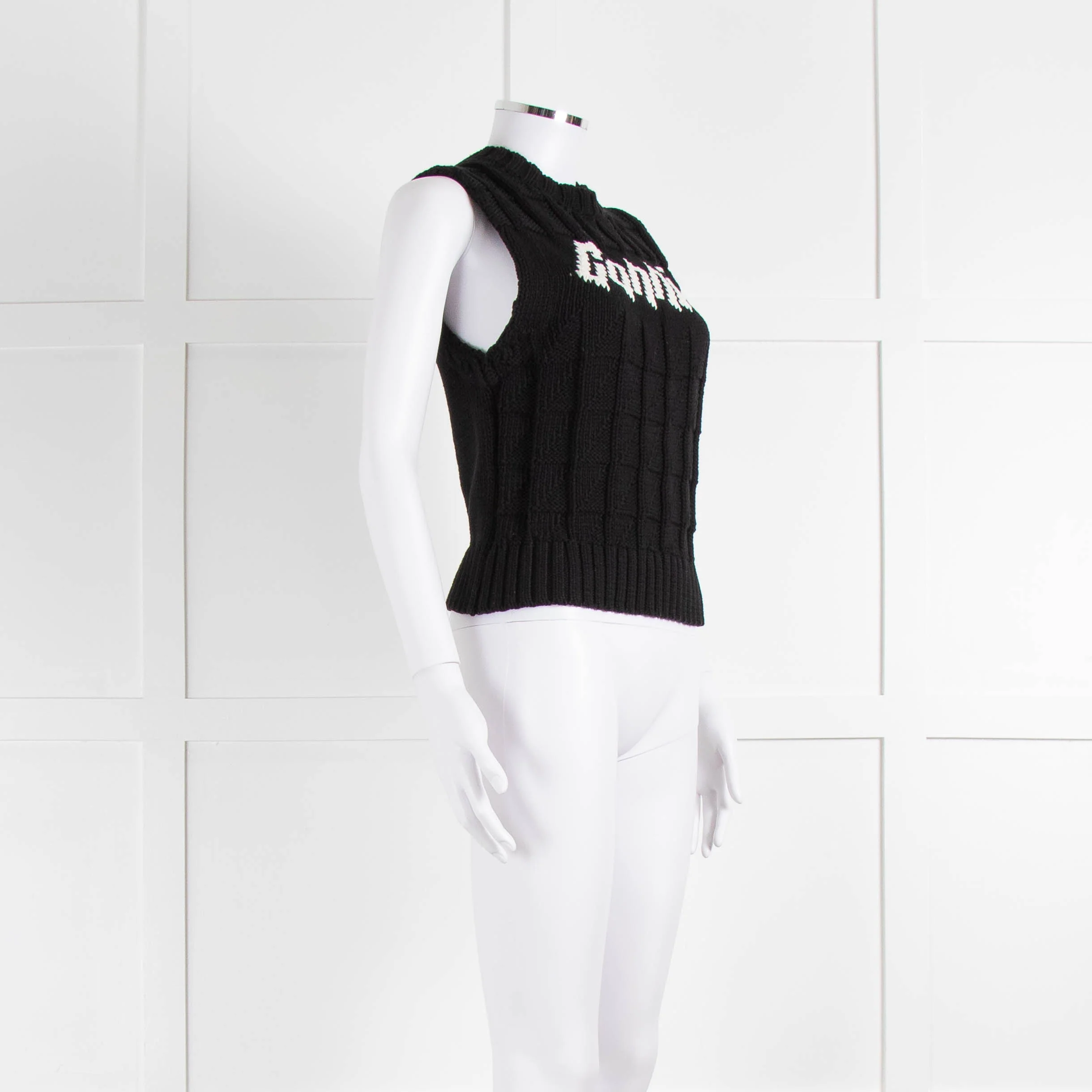 Ganni Black Cream Logo Cotton Blend Knitted Tank Top - Image 2