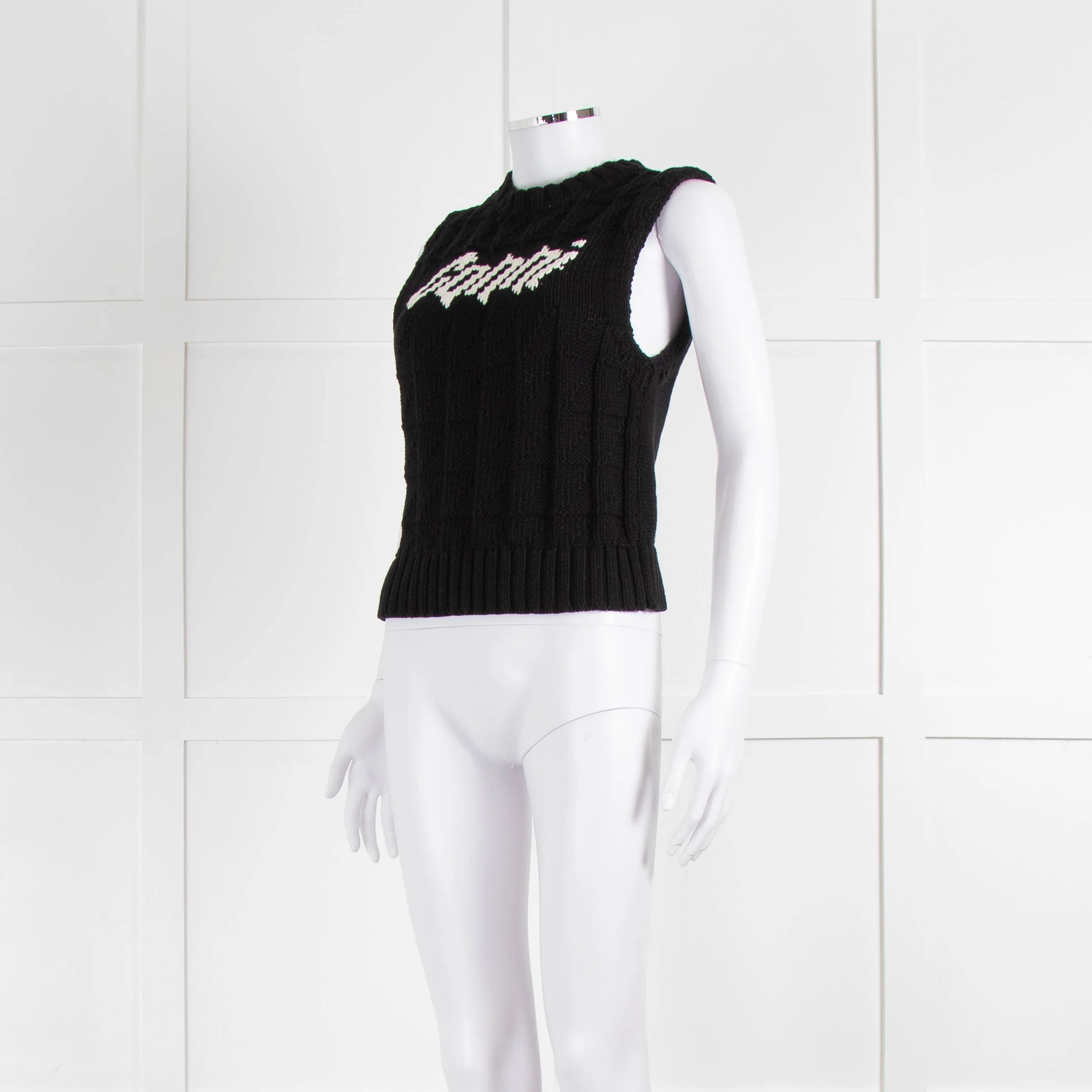 Ganni Black Cream Logo Cotton Blend Knitted Tank Top - Image 8