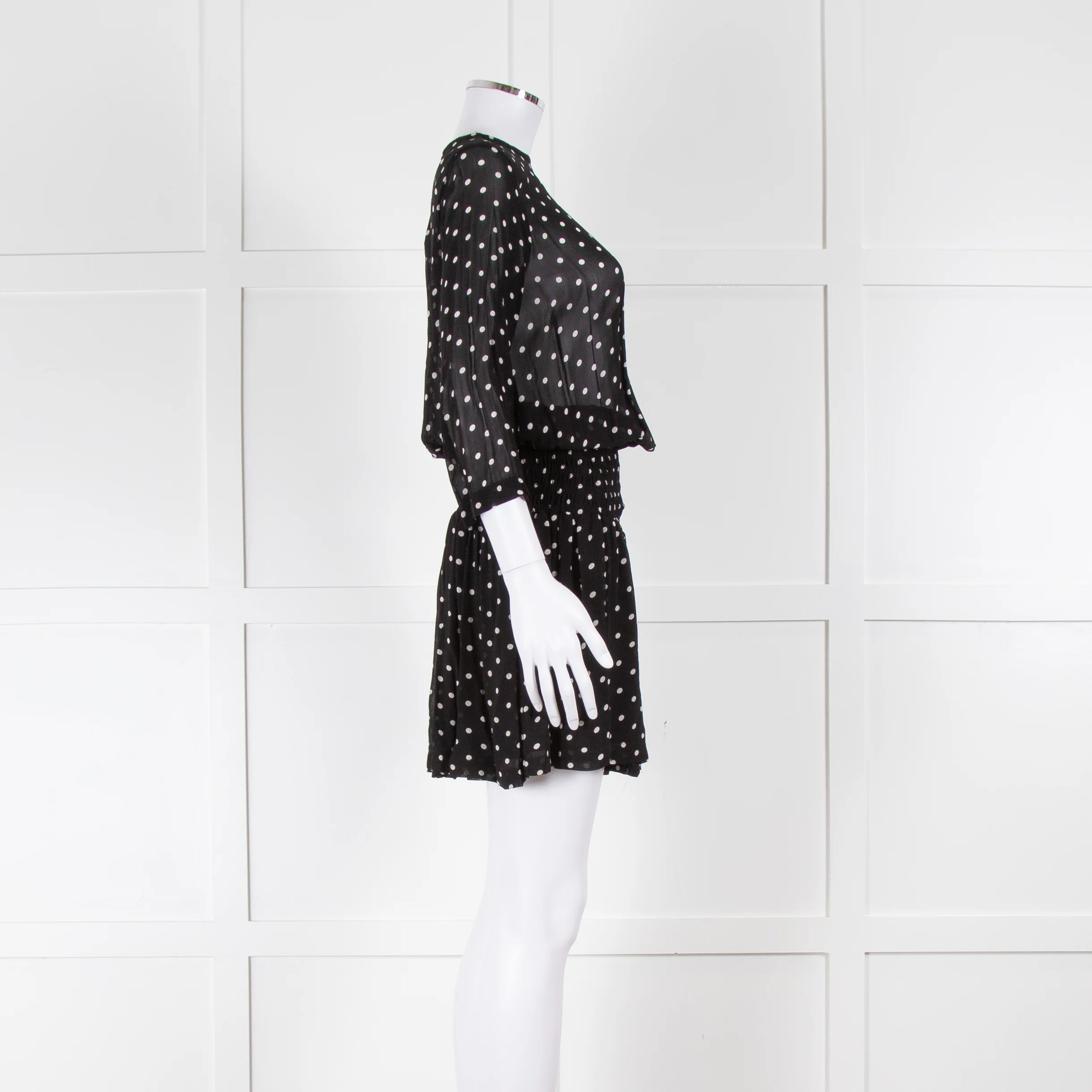 Ganni Black Cream Polka Dot Ruched Drop Waist Dress - Image 3