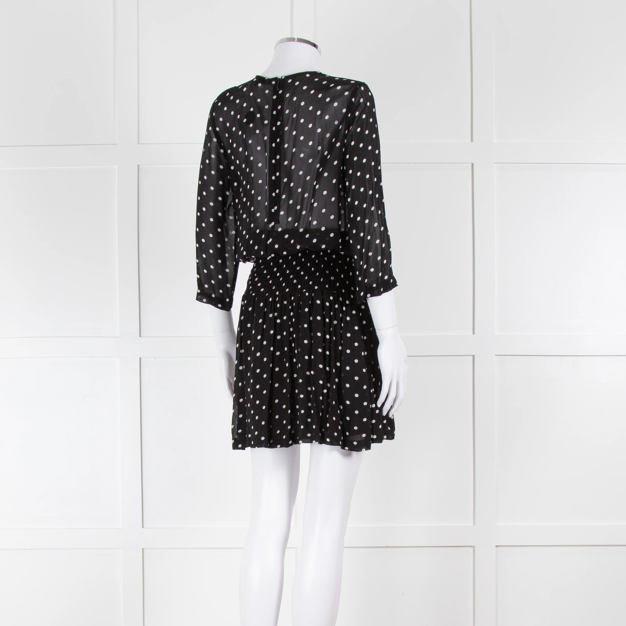 Ganni Black Cream Polka Dot Ruched Drop Waist Dress - Image 4