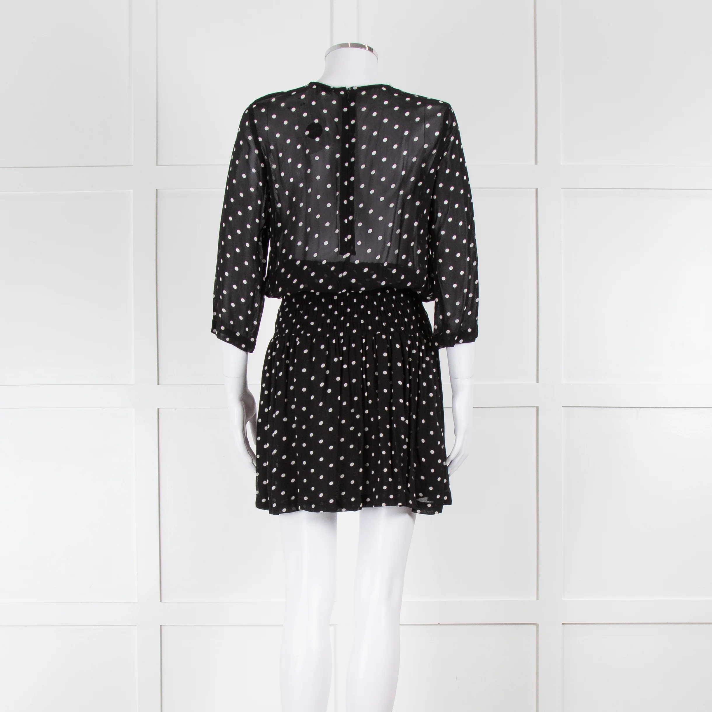 Ganni Black Cream Polka Dot Ruched Drop Waist Dress - Image 5