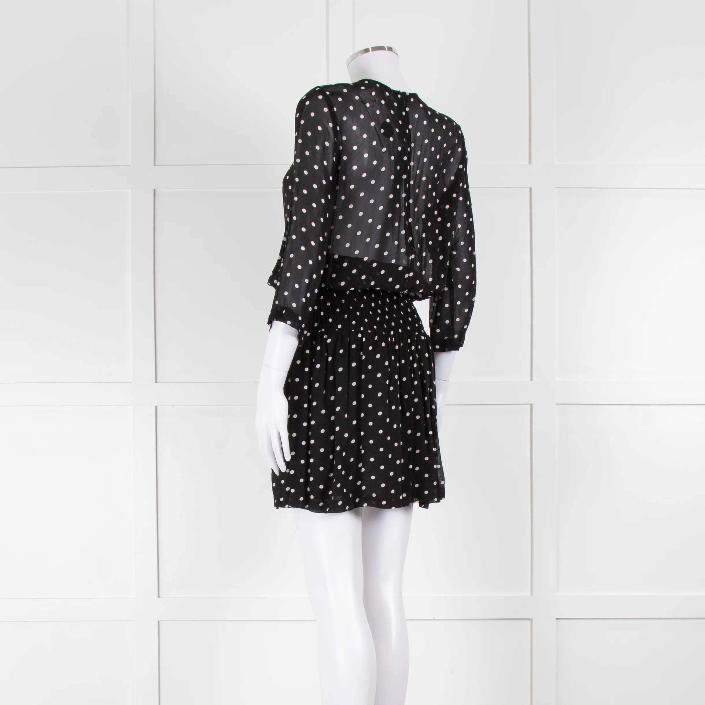 Ganni Black Cream Polka Dot Ruched Drop Waist Dress - Image 6