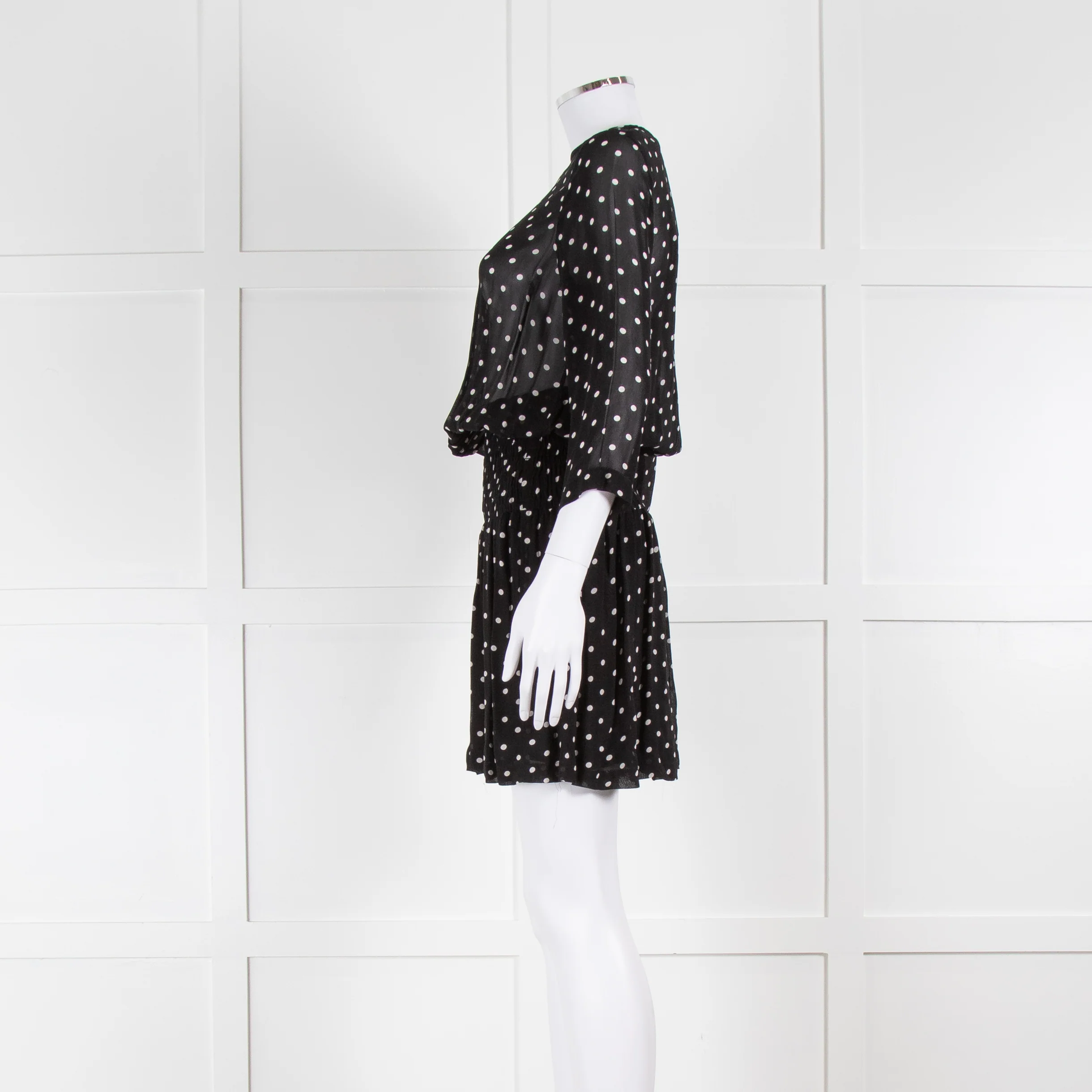 Ganni Black Cream Polka Dot Ruched Drop Waist Dress - Image 7