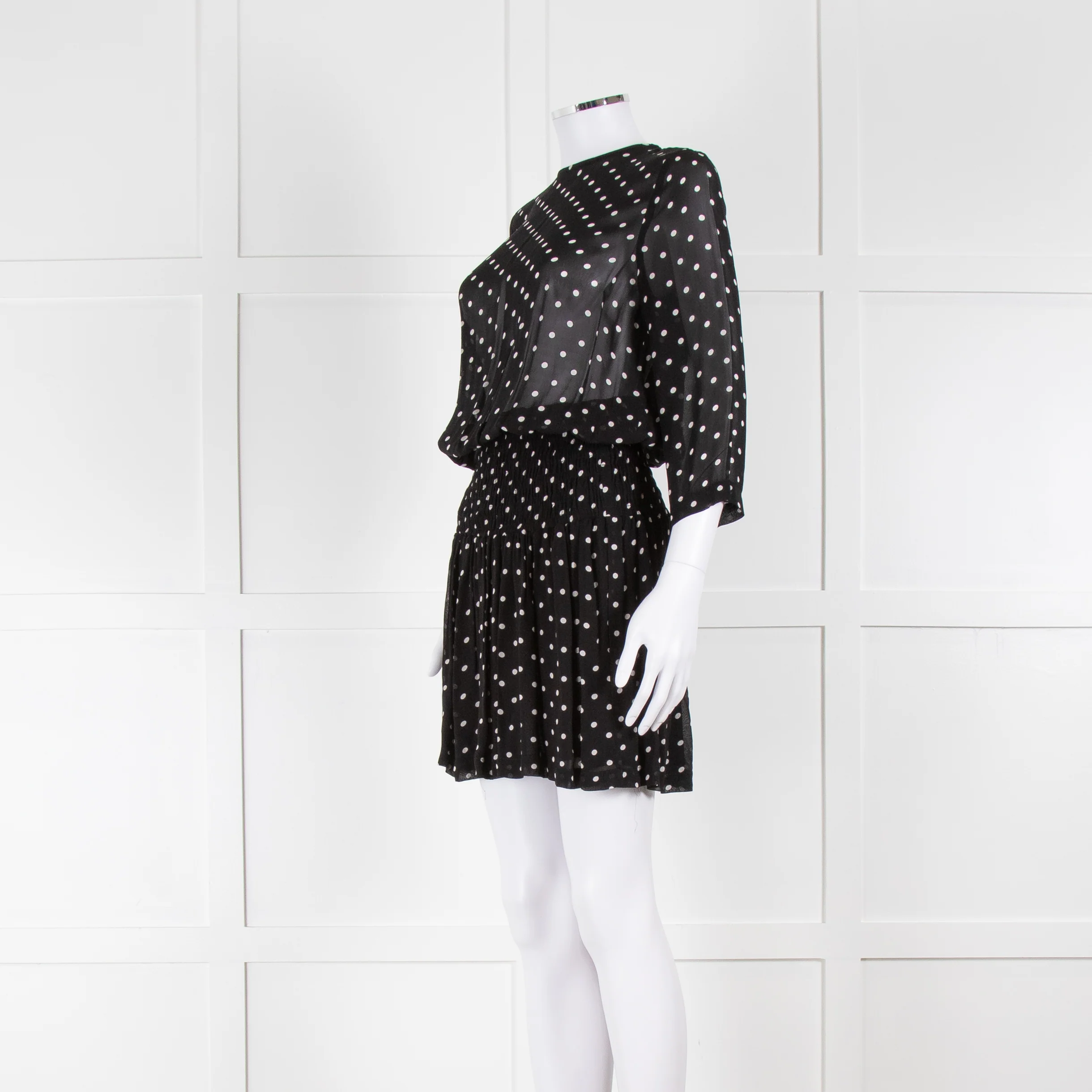 Ganni Black Cream Polka Dot Ruched Drop Waist Dress - Image 8