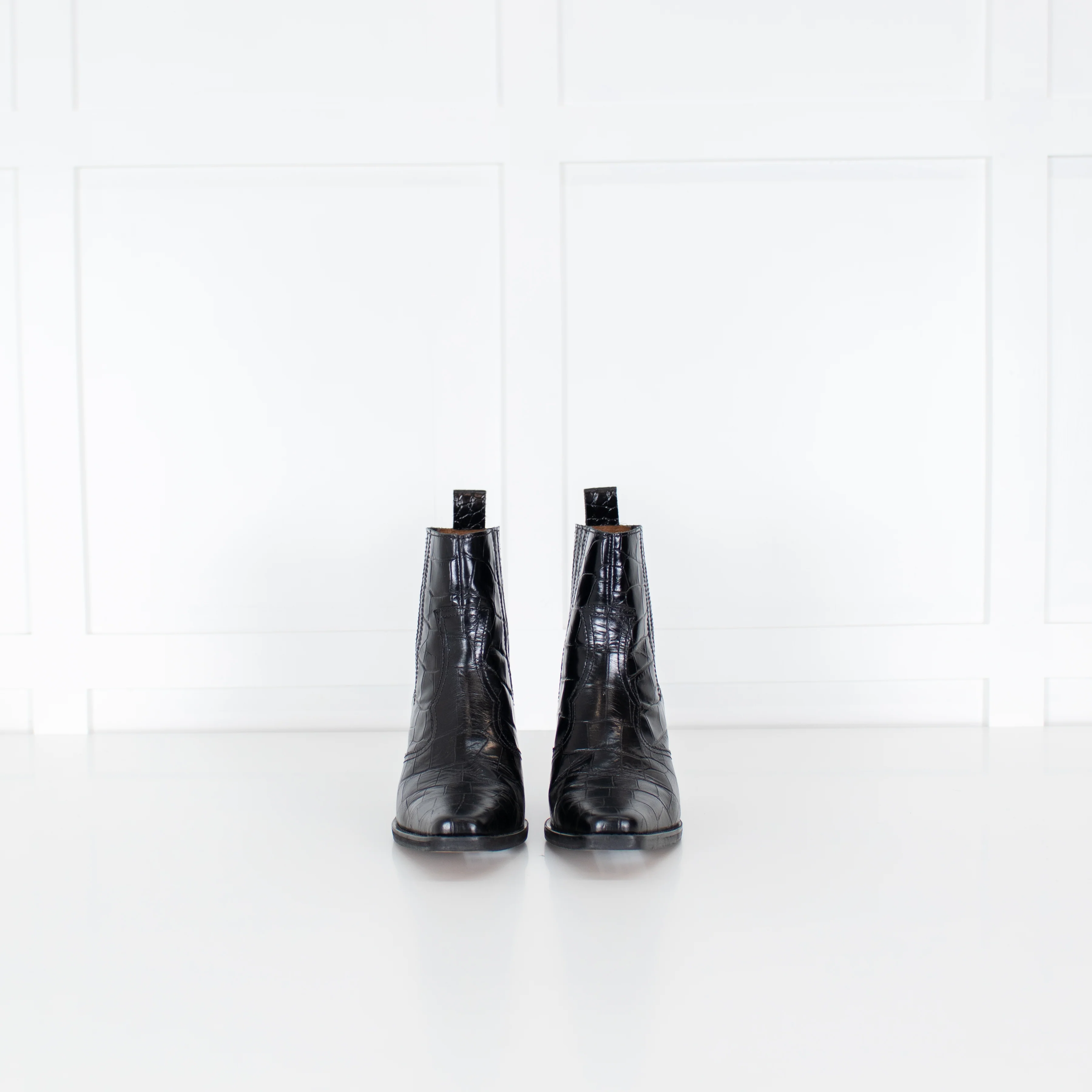 Ganni Black Croc Effect Leather Ankle Cowboy Boots - Image 5