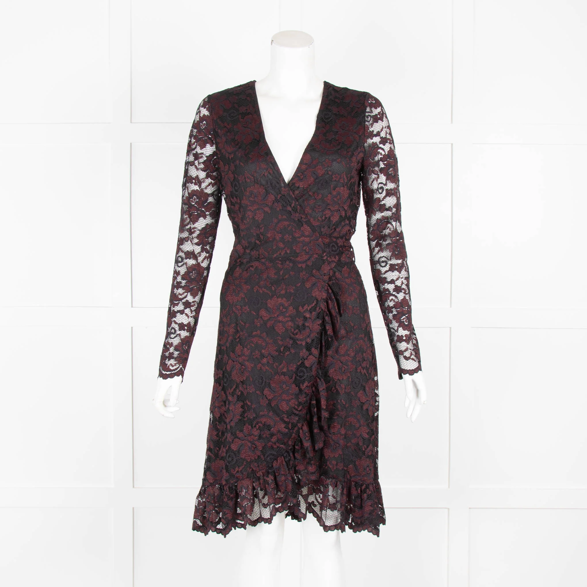 Ganni Black Burgundy Lace Long Sleeve Dress