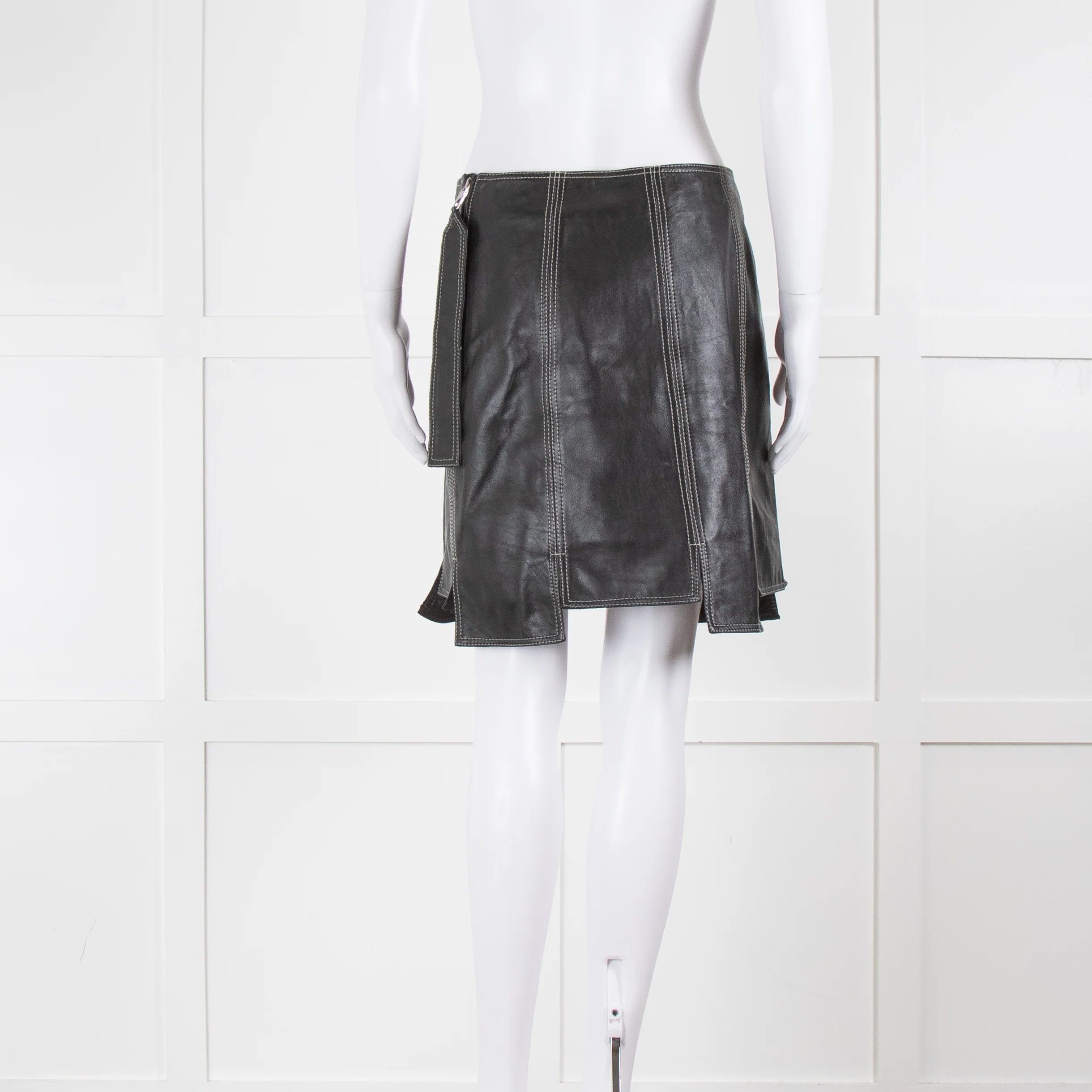 Ganni Black Leather White Stitch Panel  Detail Mini Skirt - Image 3