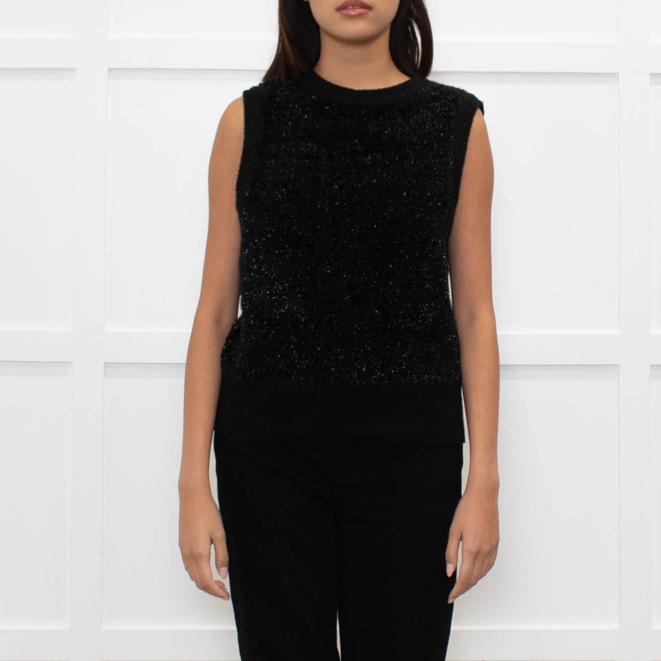 Ganni Black Lurex Tie Neck Sleeveless Knitted Top - Image 2