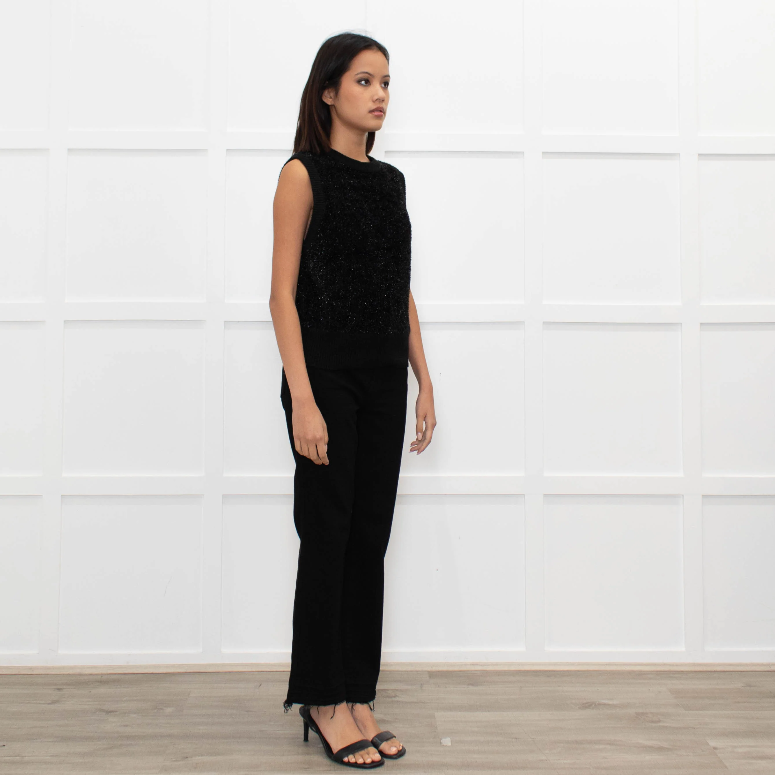 Ganni Black Lurex Tie Neck Sleeveless Knitted Top - Image 3