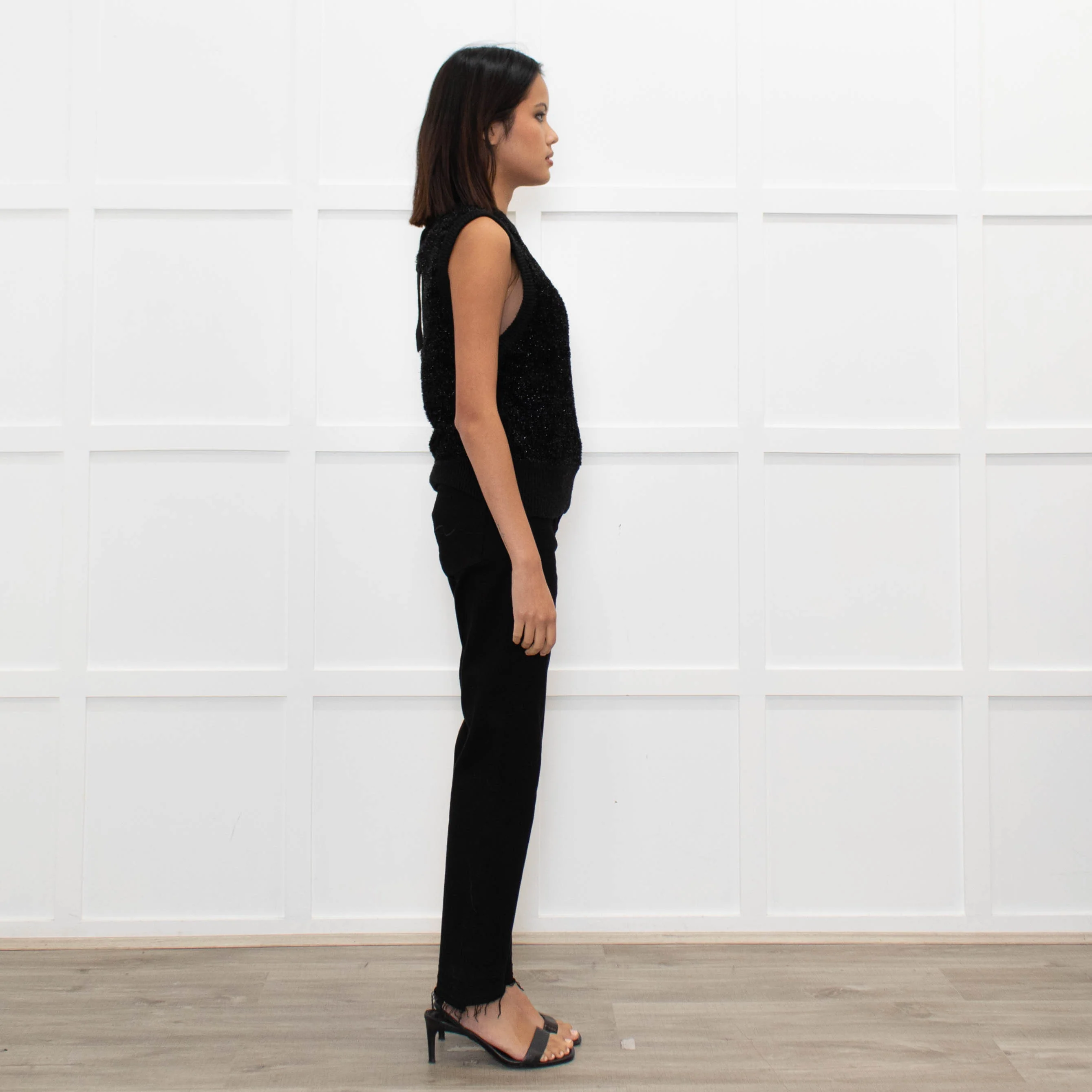 Ganni Black Lurex Tie Neck Sleeveless Knitted Top - Image 4