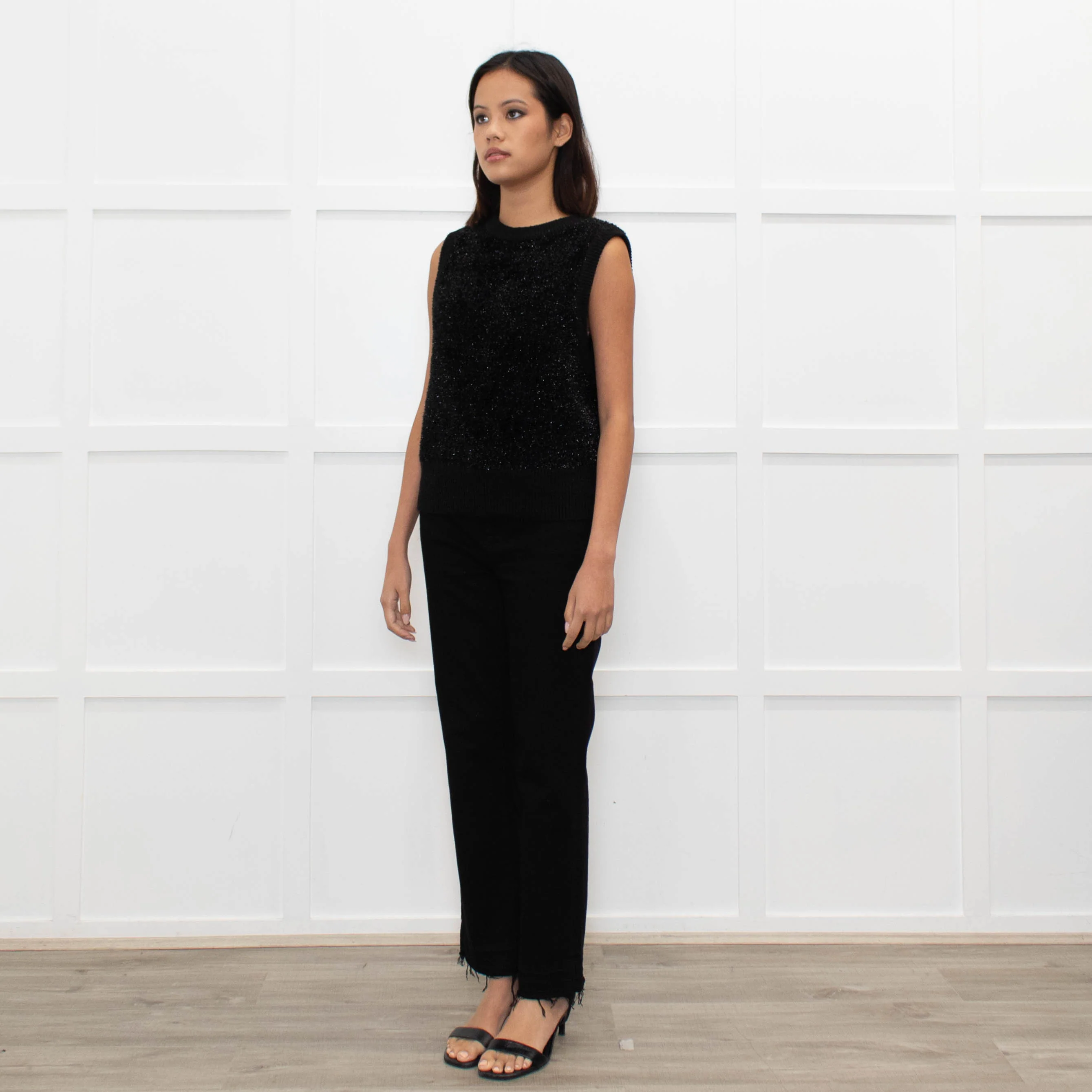 Ganni Black Lurex Tie Neck Sleeveless Knitted Top - Image 5