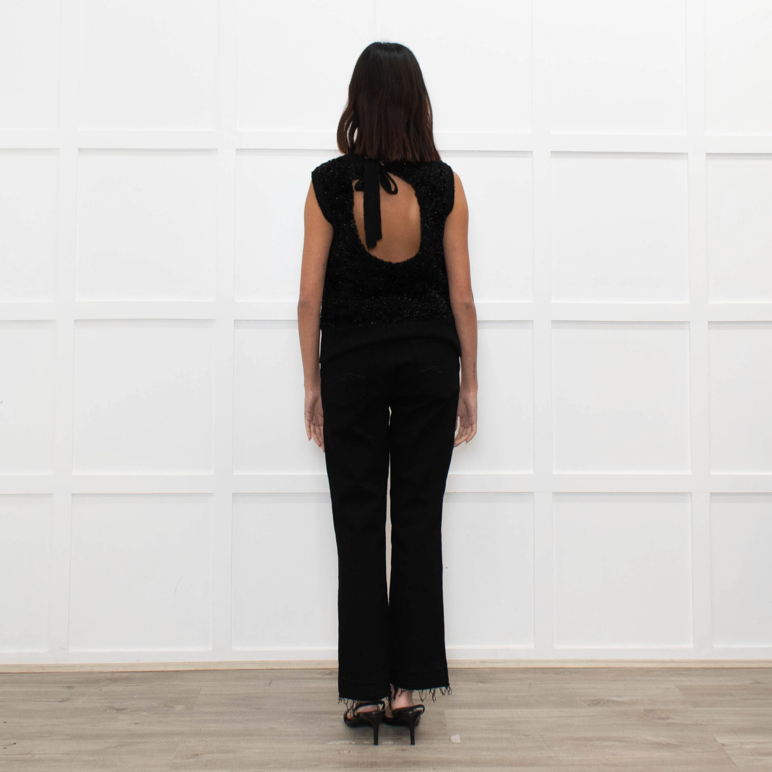 Ganni Black Lurex Tie Neck Sleeveless Knitted Top - Image 7