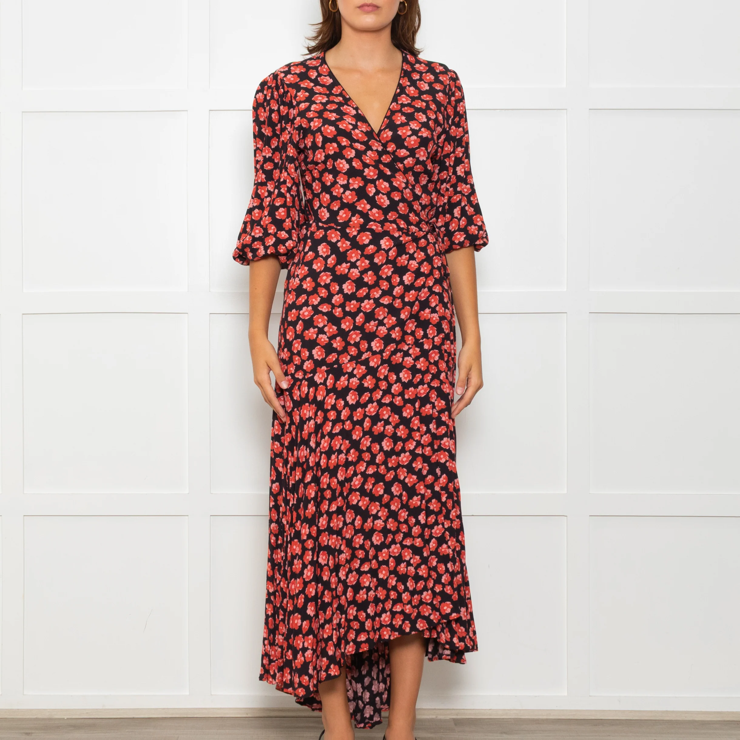 Ganni Black Maxi Long Sleeve Wrap Dress With Red Floral Print - Image 2