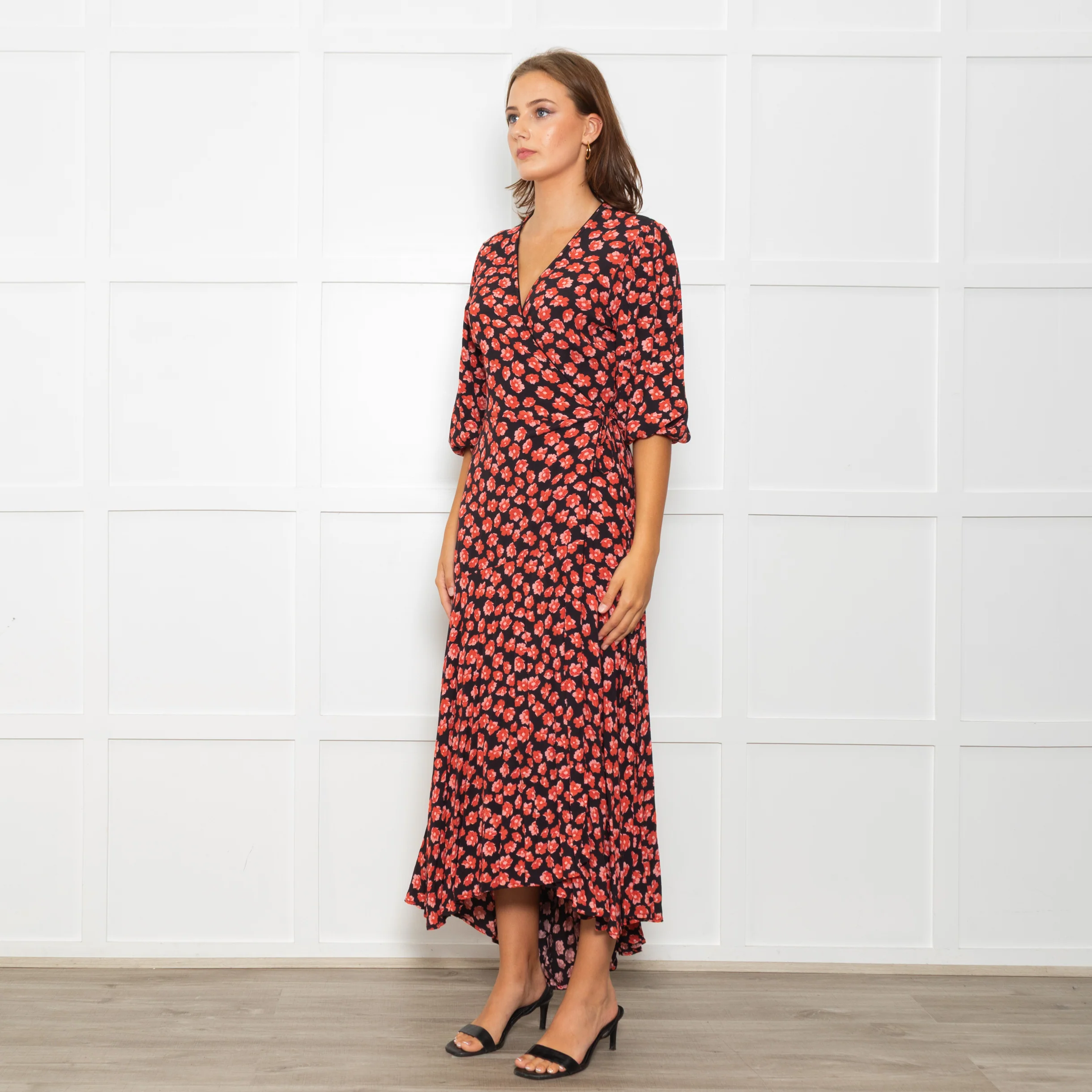 Ganni Black Maxi Long Sleeve Wrap Dress With Red Floral Print - Image 3
